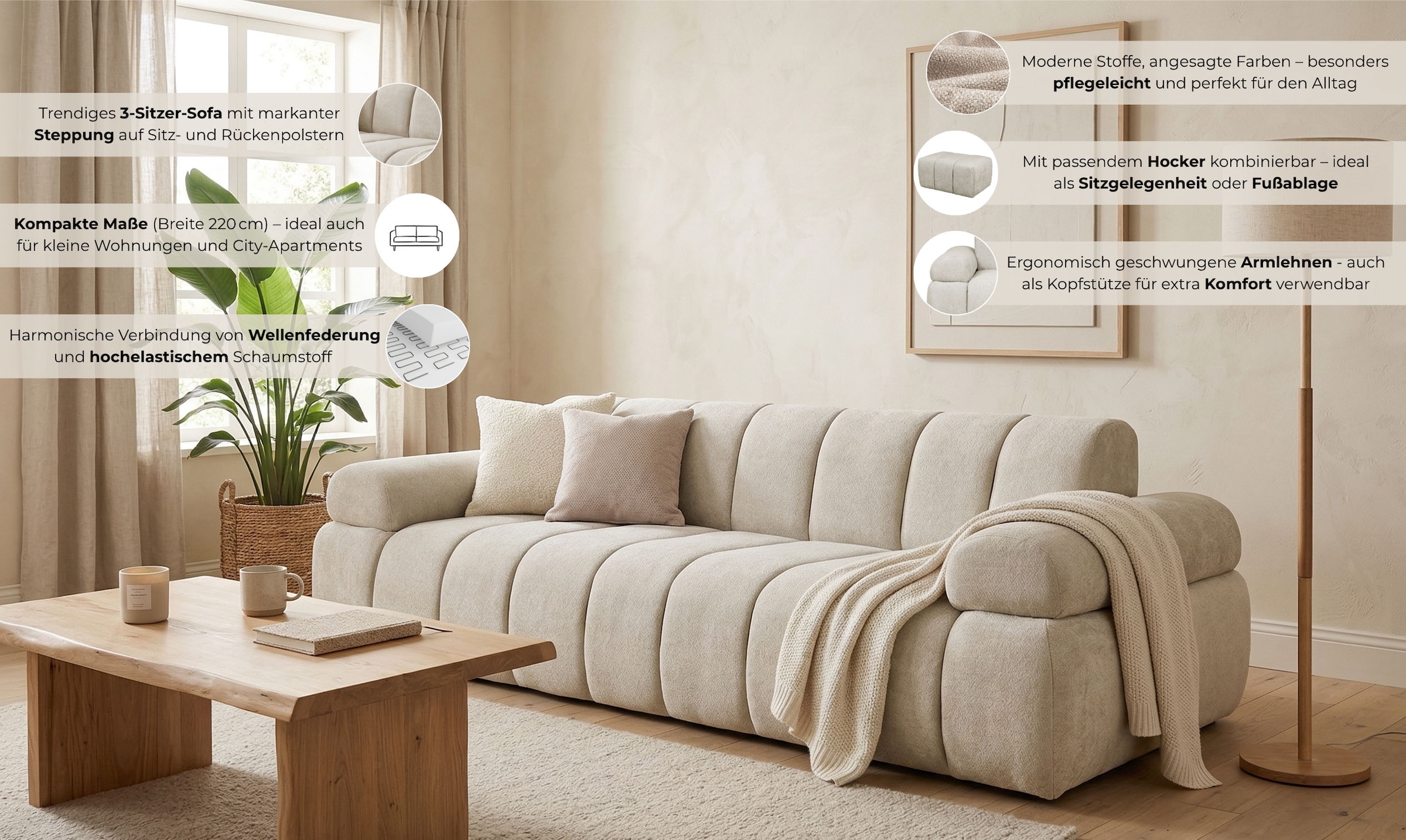 Home affaire 3-places »LYOTH Design-Sofa, moderne Steppung, Breite 220 cm« mit Wellenunterfederung, gemütlich und modern, komfortables Sitzgefühl