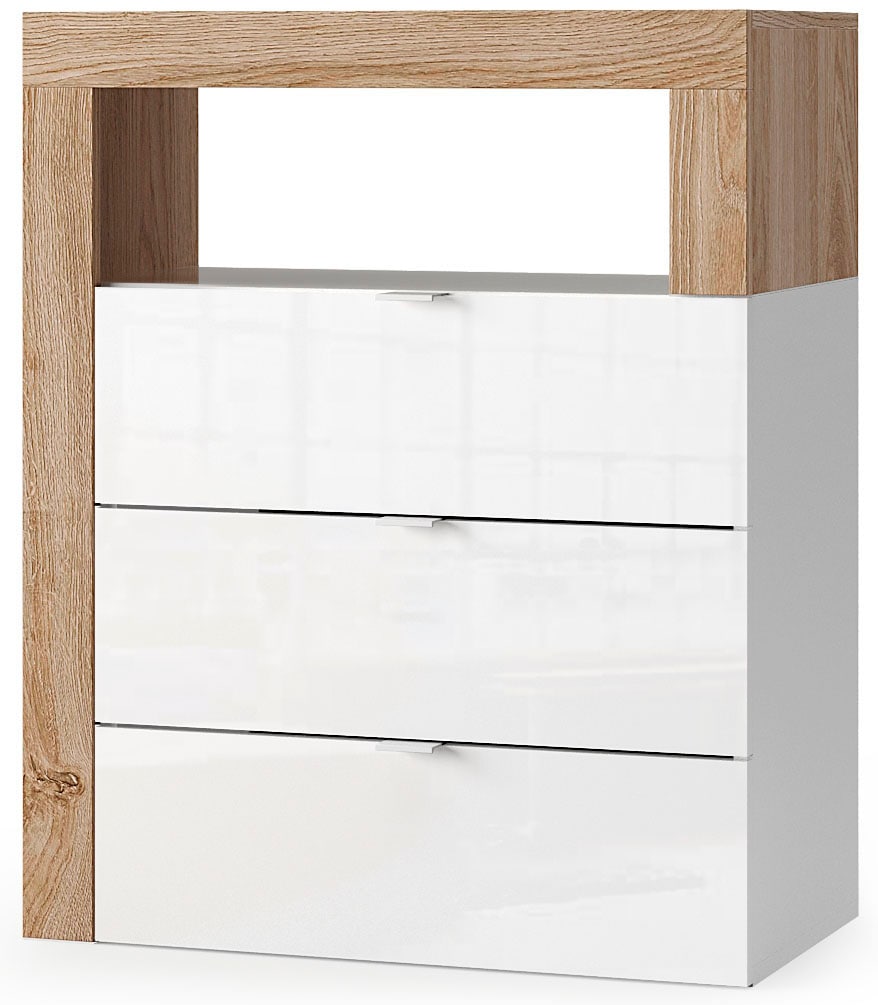 welltime Armoire basse »Hamburg Höhe 78 cm, Breite 64 cm, Badkommode mit 3 Schübkästen,« Badezimmerschrank, dekorativer Rahmen, offenes Fach, Metallgriffe