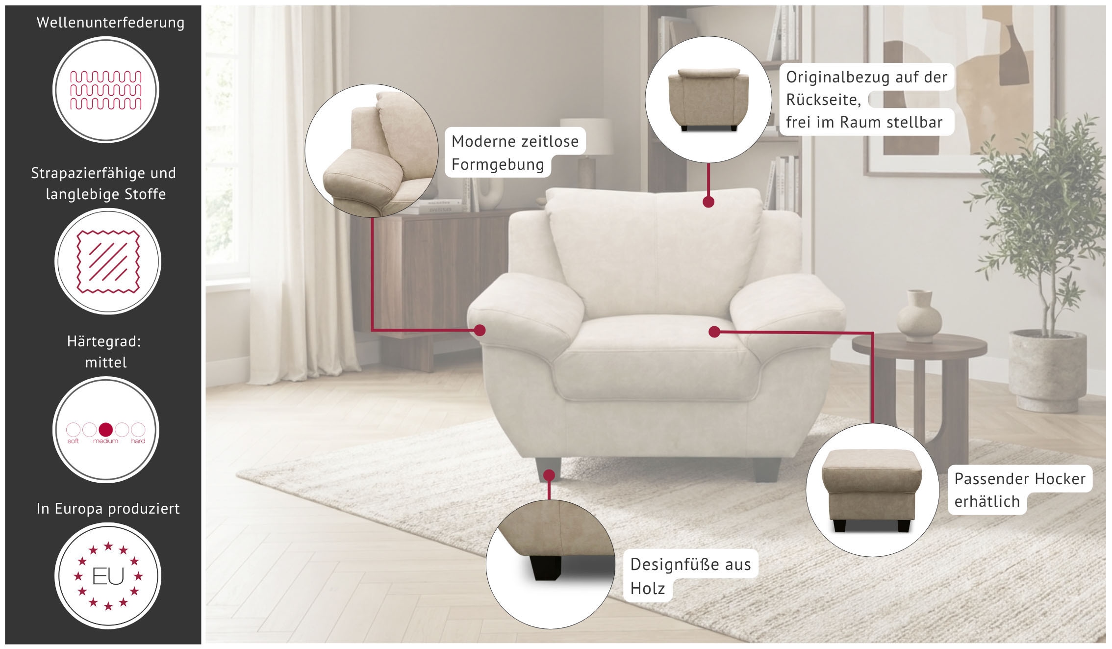 GOODproduct Sessel »Sillkeborg Sitzbreite: 49 cm, gemütlich und formschön« aus pflegeleichtem, weichem Luxus-Microfaser