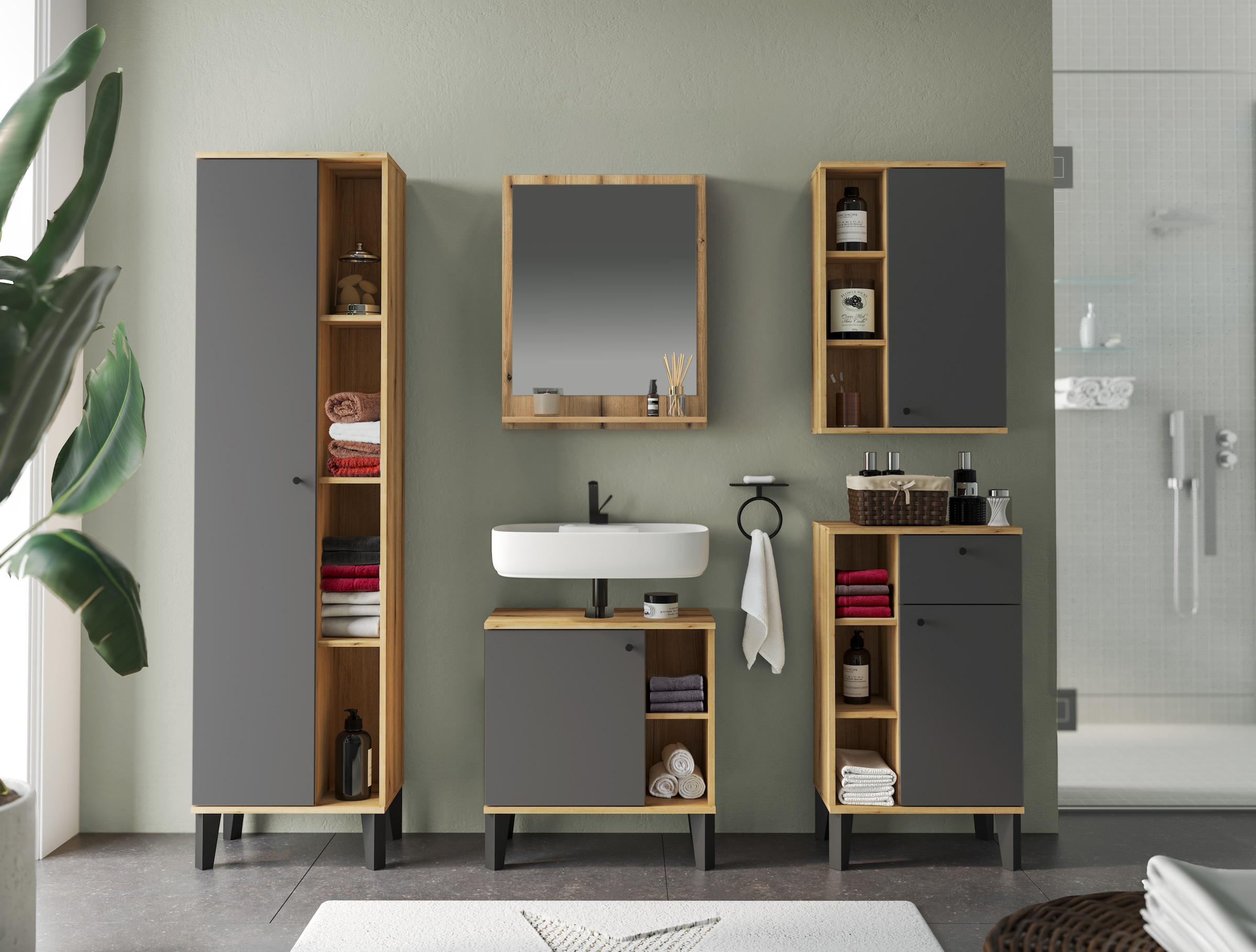 INOSIGN Stauraumschrank »Oslo, Badschrank mit Knopfgriff, Hochschrank im skandinavischen Design« in der Türfarbe Weiss oder Grau verfügbar, ausreichend Stauraum