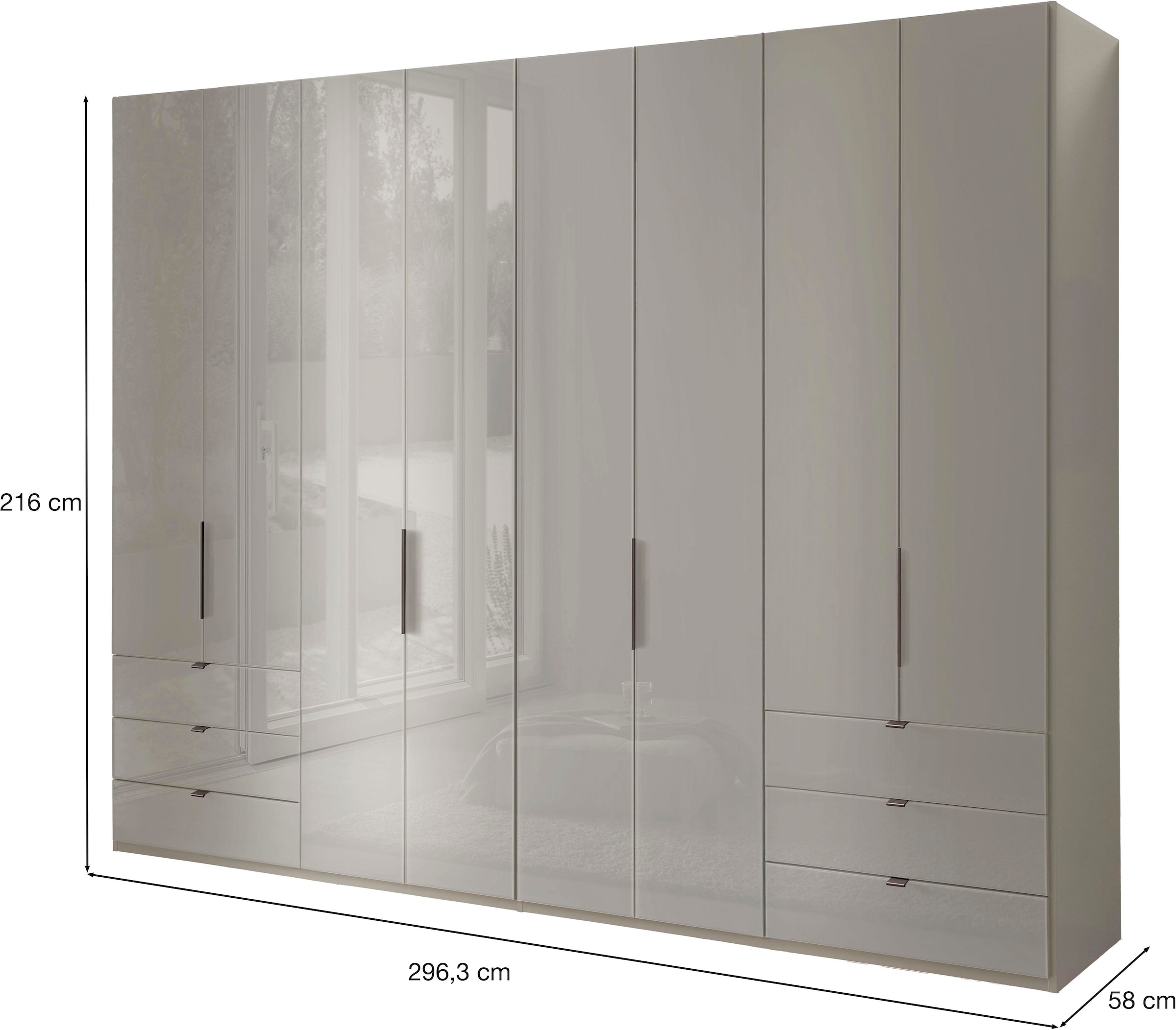 WIEMANN Armoire à portes pliantes »Ohio, Kleiderschrank, Schrank, Garderobe, mit Schubladen, 300 cm« inklusive Einlegeböden & Kleiderstangen, 2 Höhen, MADE IN GERMANY,  inklusive Tür und Schubkastendämpfung, hochwertige Glasfront