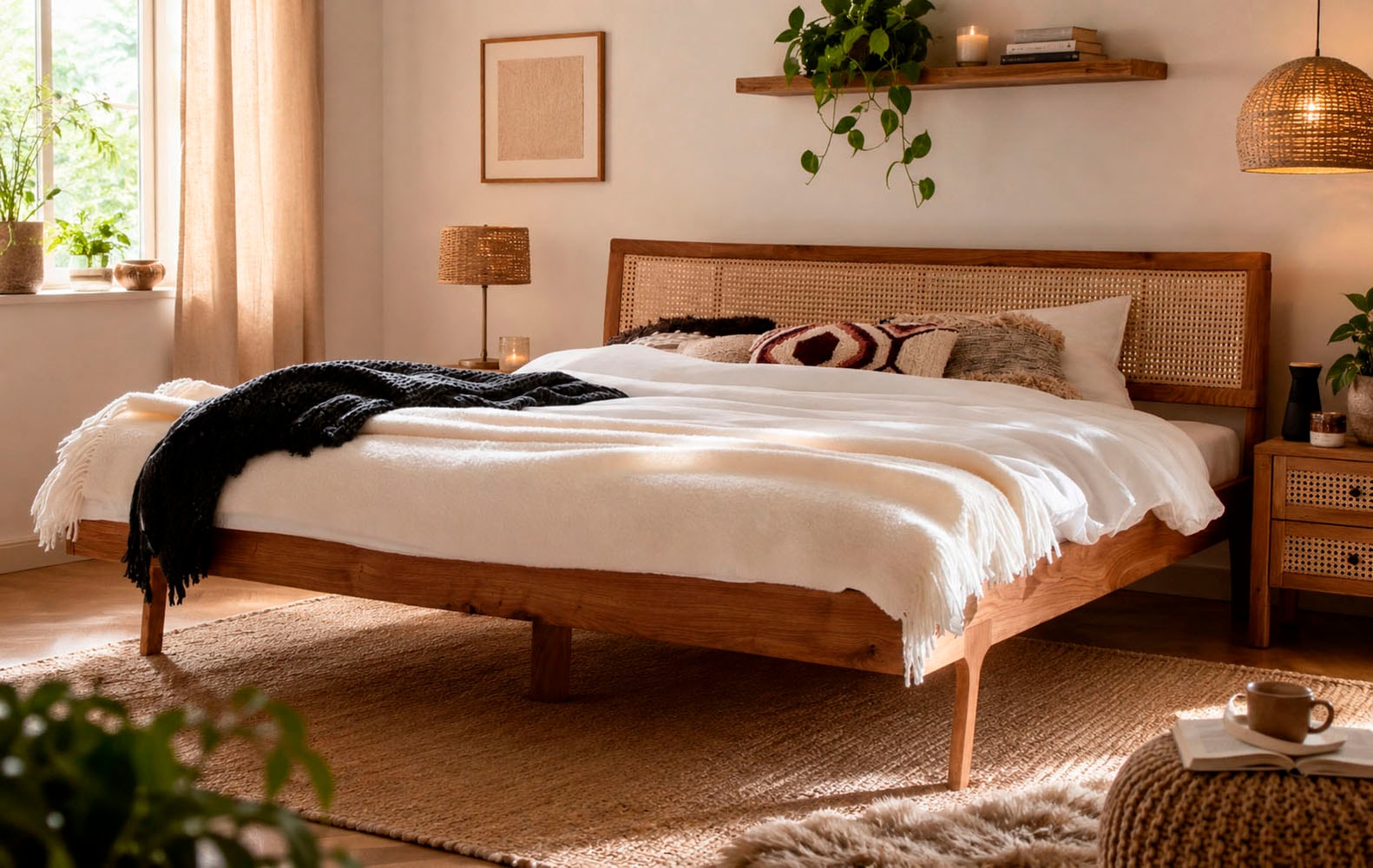 GOODproduct Lit en bois massif »Hällevik, Kopfteil höhenverstellbar, Eiche massiv, mit Wiener Geflecht« Style scandinave, fabriqué en UE, certifié FSC®, très stable