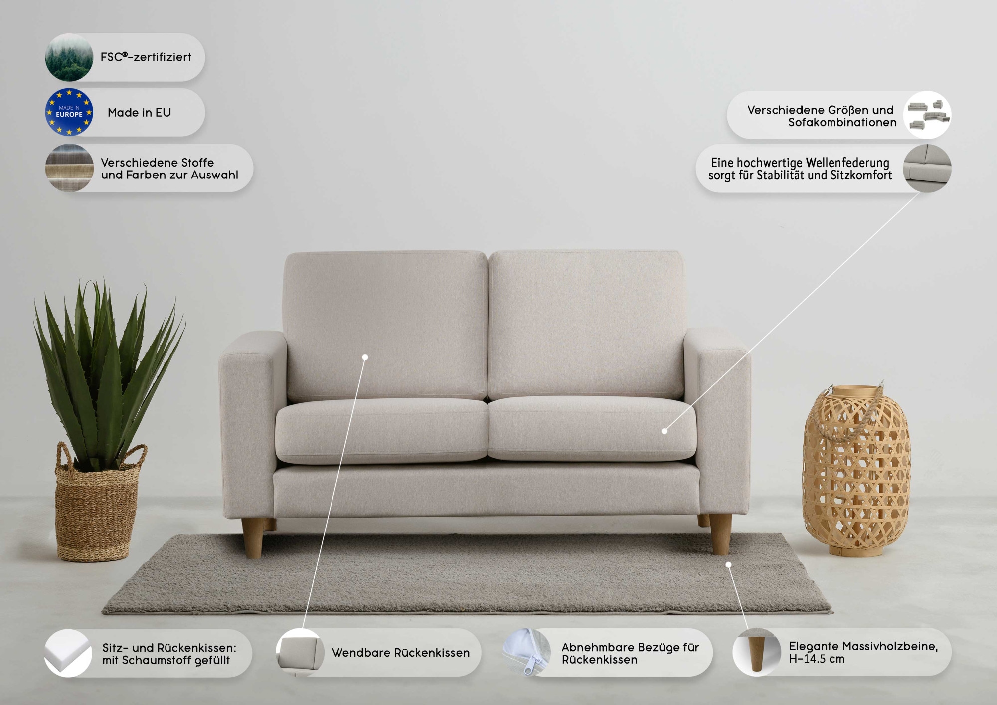 GOODproduct 2-Sitzer »Tvinno« im skandinavischen Stil, mit Massivholzfüssen, Breite 155 cm