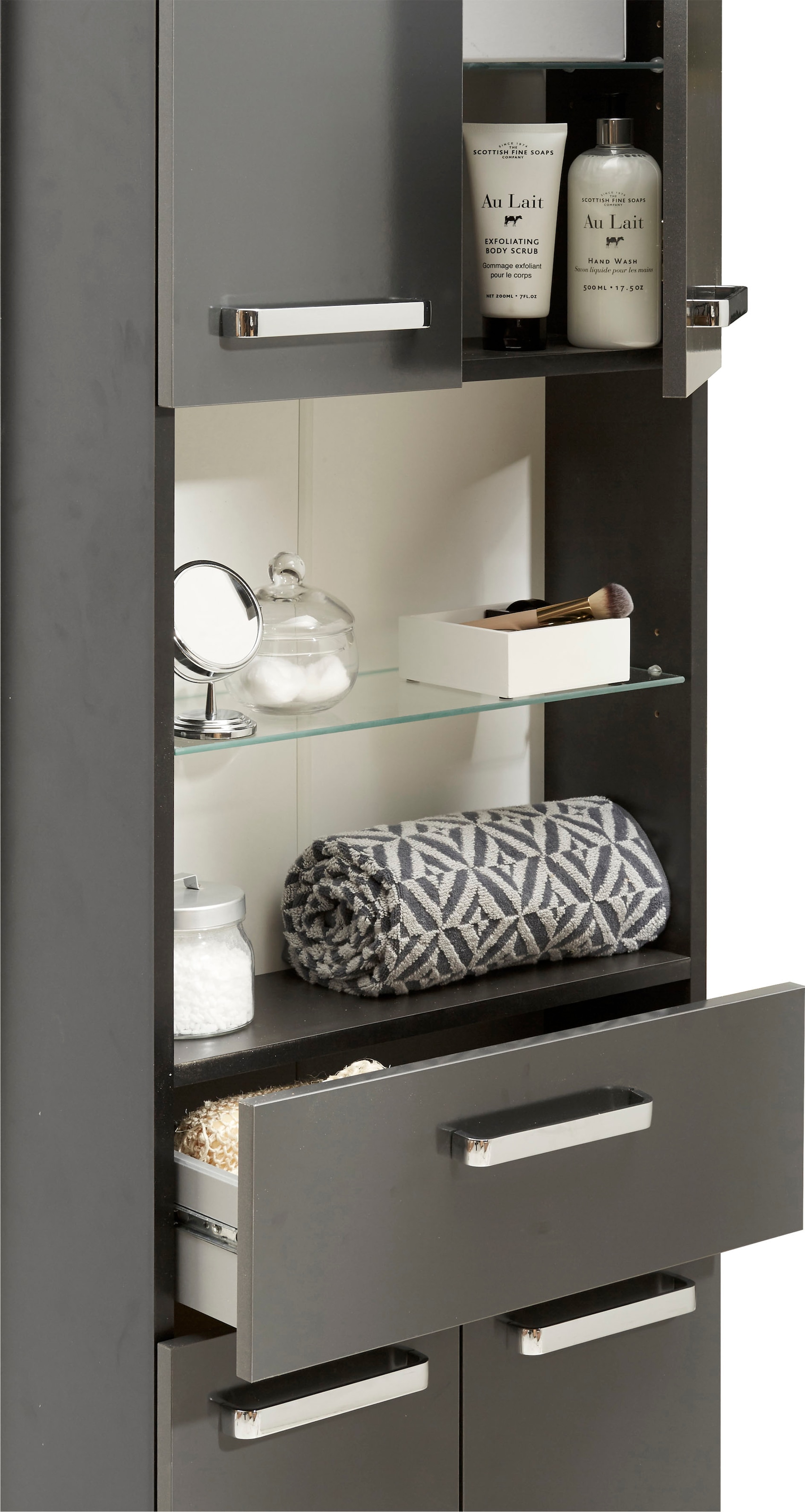 Saphir Armoire haute »Quickset Badschrank 50 cm breit, 4 Türen, 2 Nischen, 1 Schublade« armoire haute de salle de bain avec amortisseur de porte, poignées chrome brillant