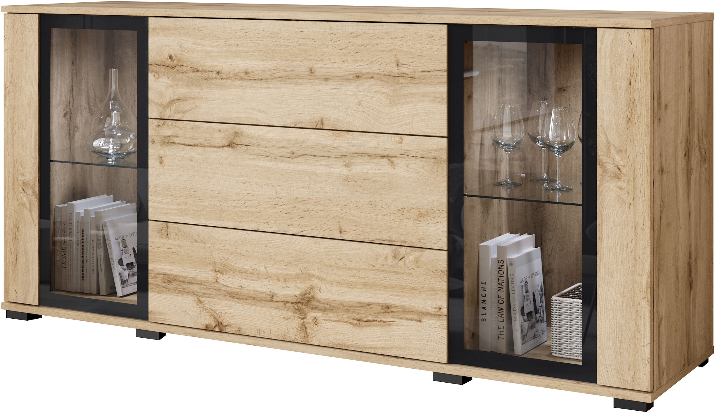 Home affaire Buffet »modernes Design mit Glaseinsätzen und 3 Schubladen, Breite 150 cm« 1 cuis tlg. façades sans poignées avec push-to-open, étagères réglables en hauteur,