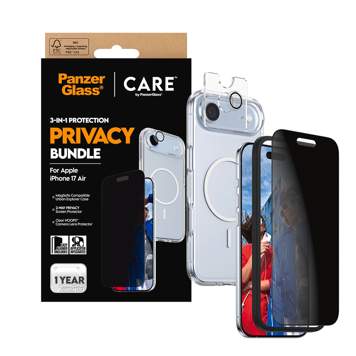 CARE by PanzerGlass Housse pour téléphone portable »3-in-1 Flagship Privacy Bundle Apple iPhone 17 Air« Backcover, Schutzhülle, Handyschutzhülle, Case, Schutzcase, stossfest