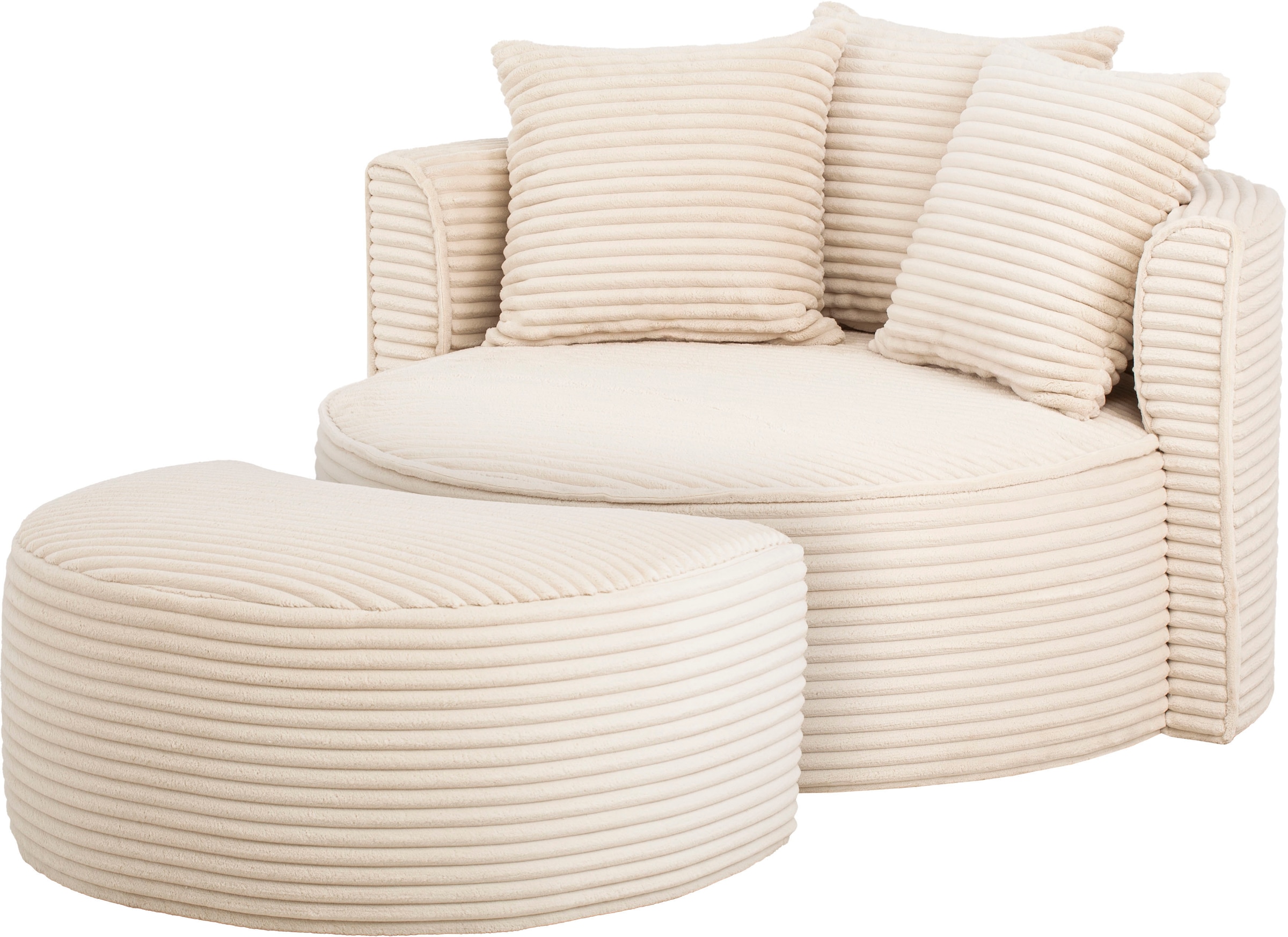 LeGer Home by Lena Gercke Fauteuil XXL »ISALIE Cord, Rundsessel mit Hocker, Lesesessel, Loveseat, Big-Sessel« Ensemble,  tissus d'ameublement tendance, 3 coussins décoratifs, grande surface d'assise