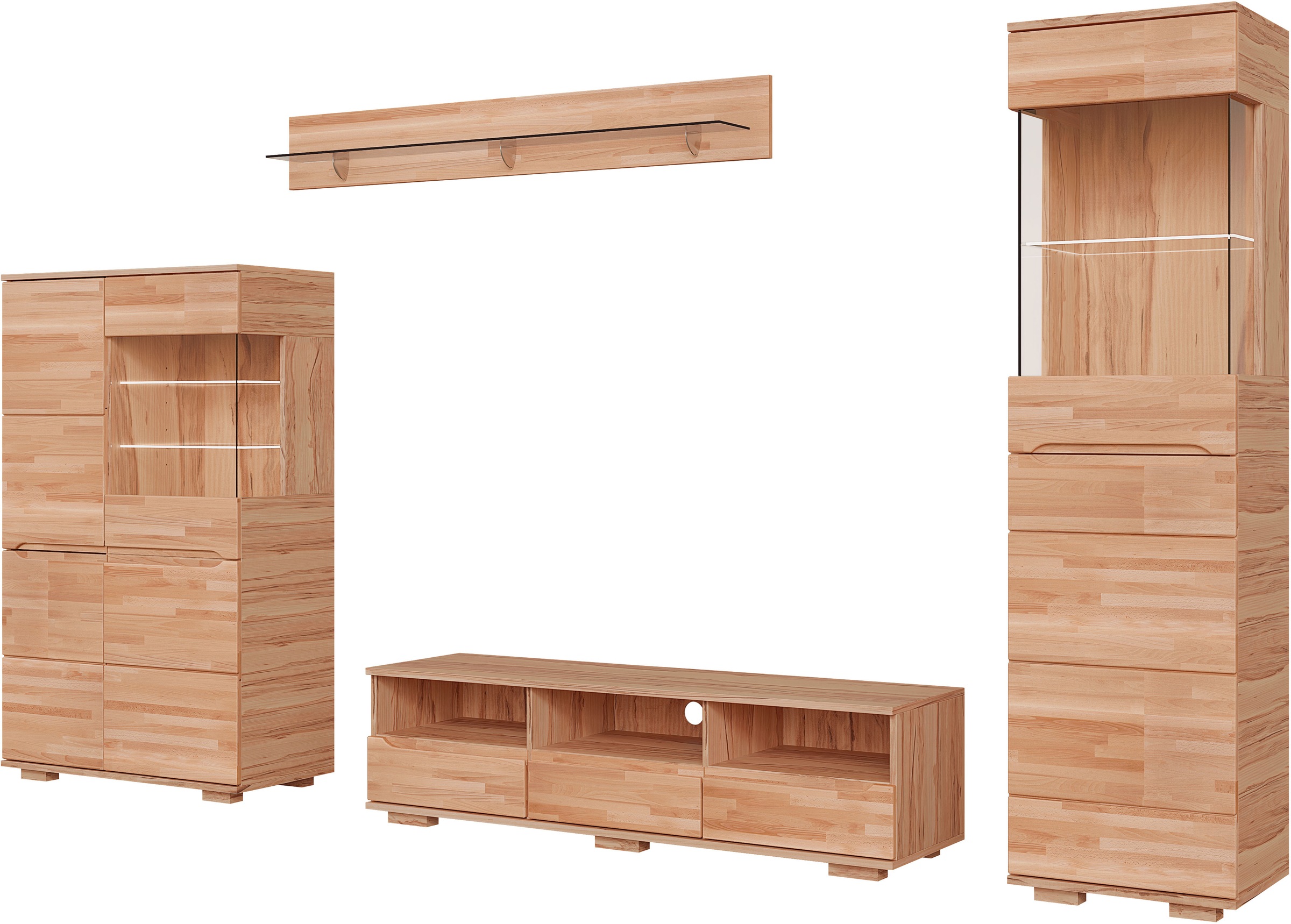 GOODproduct Wohnwand »VETRO: besteht aus 2 Vitrinen, 1 Lowboard & 1 Wandregal, Wohnzimmer.« 4 Stk. tlg.