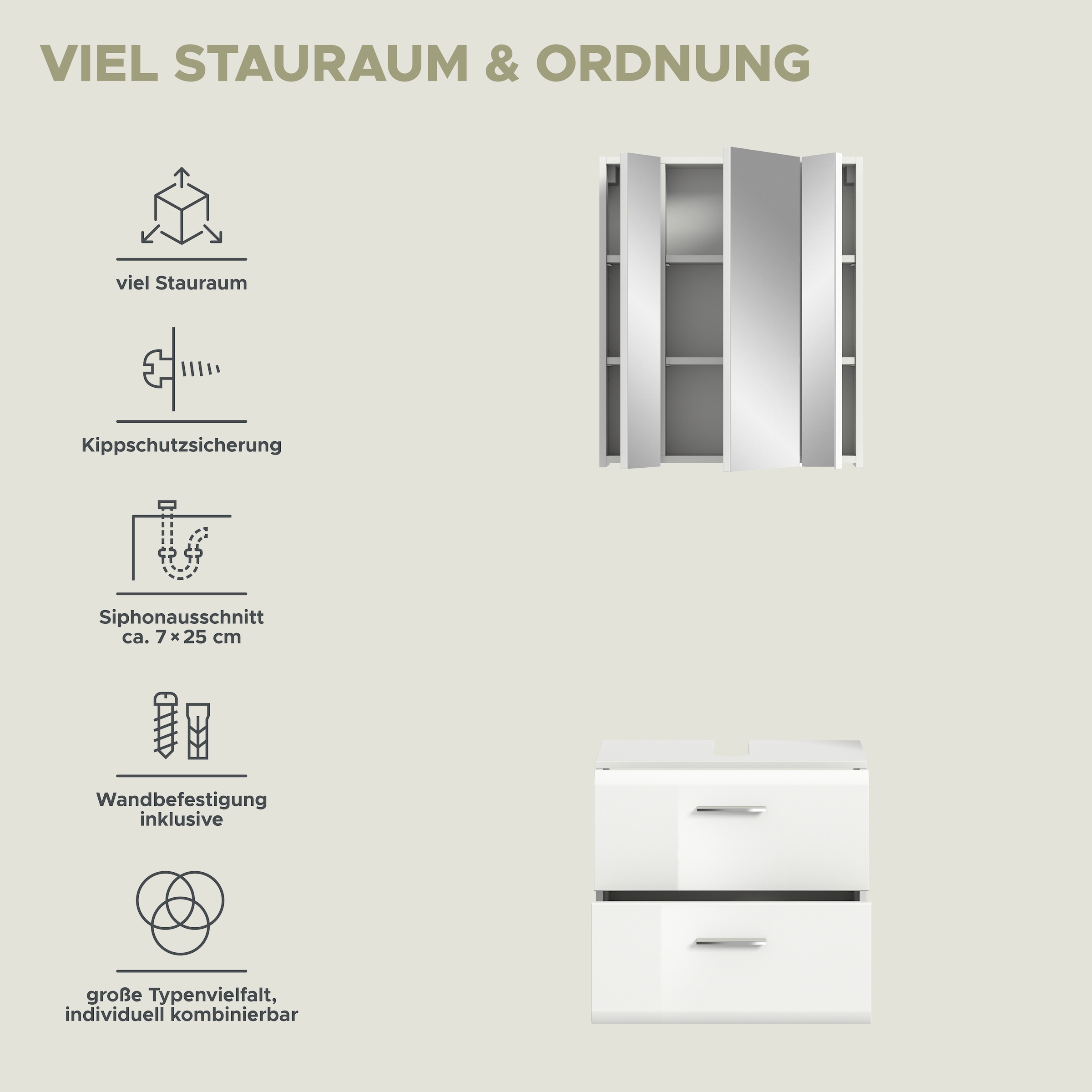 INOSIGN Badmöbel-Set »FLORENZ, TOPSELLER!, 2-teilige Badkombination, hochwertige MDF-Front« Set, bestehend aus: 1 Waschbeckenunterschrank, 1 Spiegelschrank, 