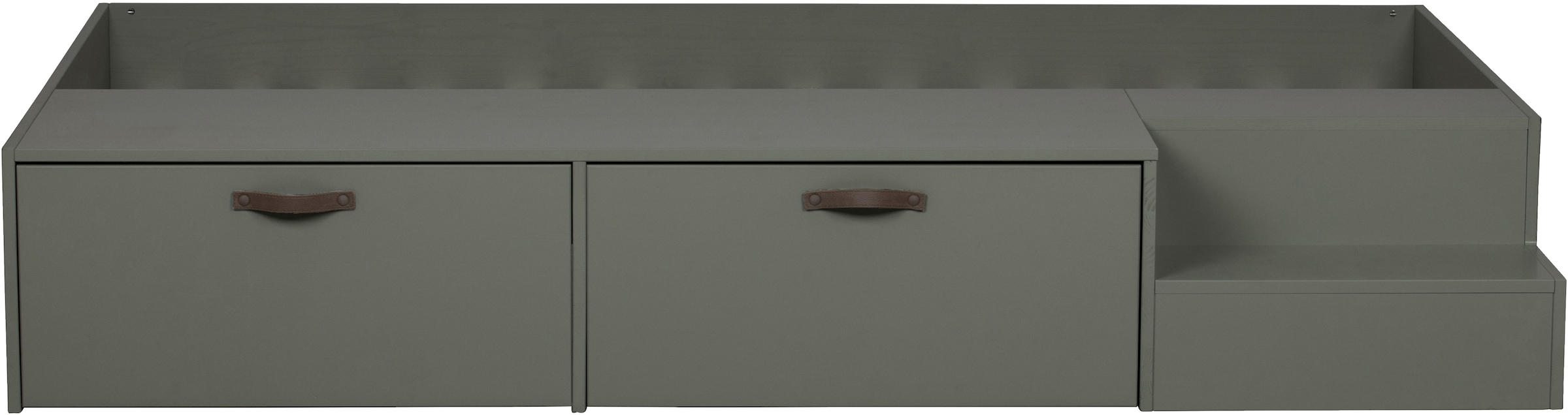 WOOOD Stauraumbett »Stage Massivholz FSC®-Kiefernholz mit Trittstufen 204 x 131 x 35 cm« Rollauszüge mit Ledergriff, breite Holzkante, Matratzenmass 80x200 cm