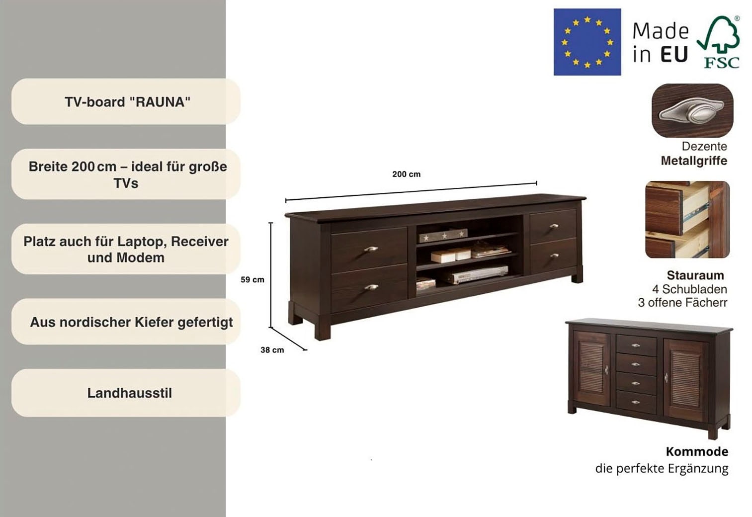 GOODproduct Table basse »Rauna« Kommode, Breite 200 cm, FSC®-zertifiziertes Massivholz