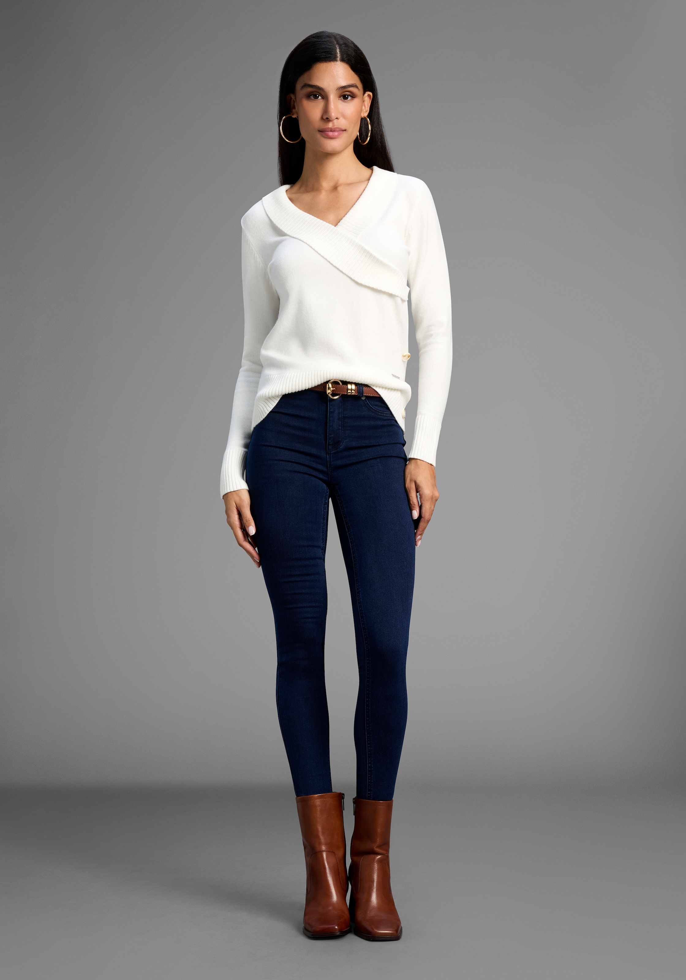 Bruno Banani Schalkragenpullover , Wickel-Optik mit Zierknöpfen - NEUE KOLLEKTION
