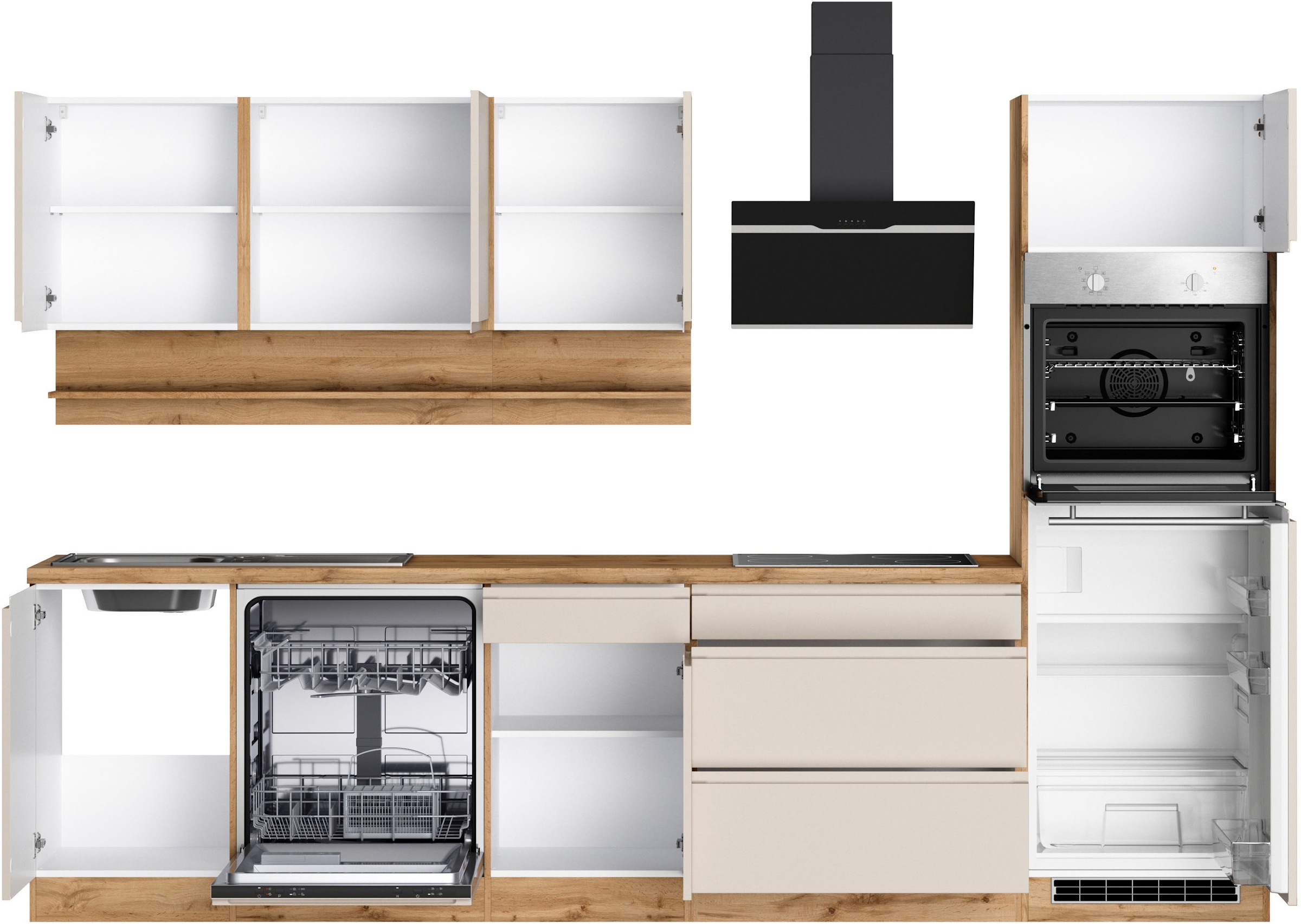 KOCHSTATION Kitchenette »KS-Virginia,neu in verbesserter Ausführung« plan de travail épaisseur 38 mm, rangement, fermeture douce,  largeur 300 cm, fermeture douce, avec appareils électriques en option