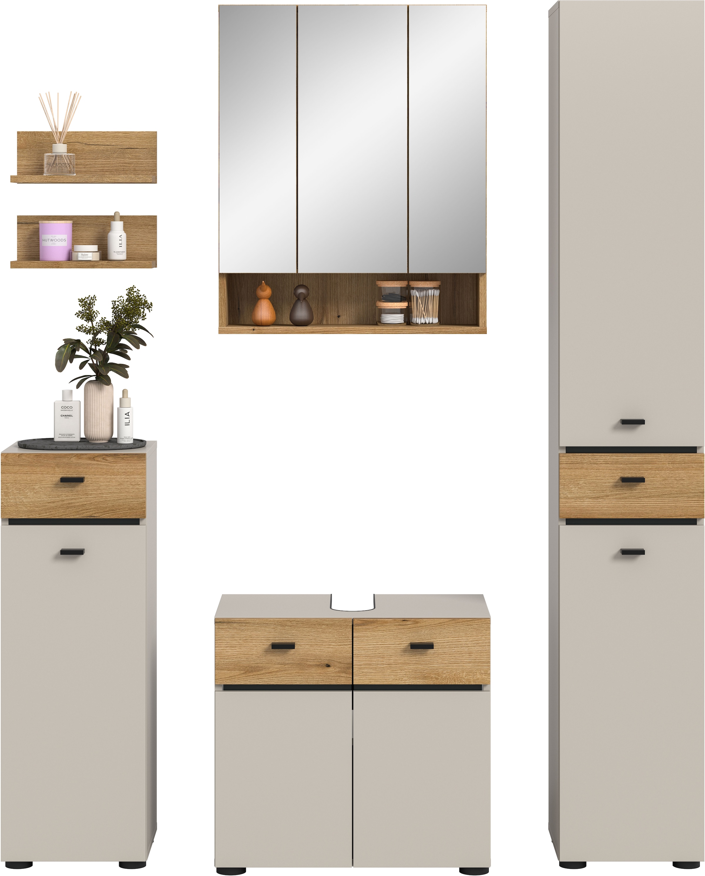 welltime Ensemble de meubles de salle de bain »VANN, 6-teilige moderne Badkombination, individuell stellbar« Midischrank, 2er Set Wandregal, WBU, Spiegelschrank, Hochschrank, 6 cuis tlg.