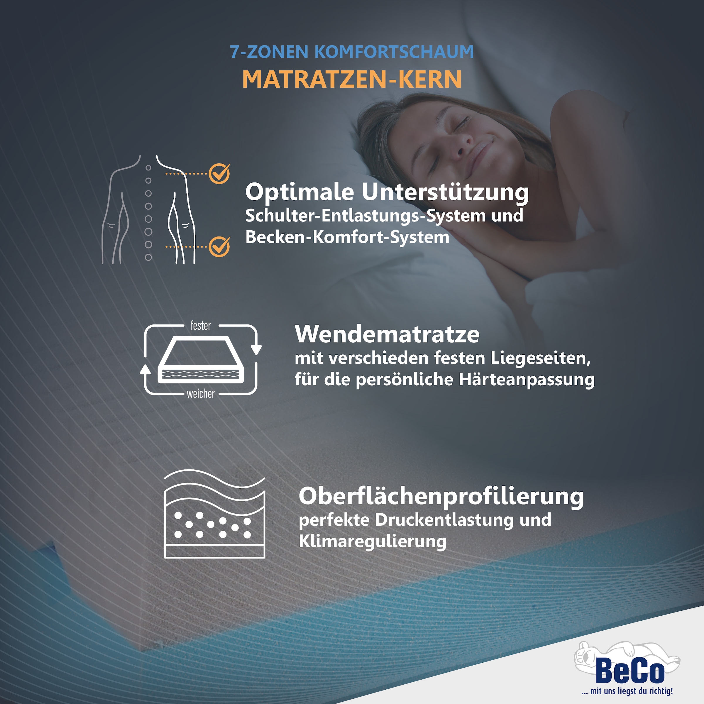 Beco Matelas mousse confort »2 Dreams, Wendematratze mit 2 unterschiedlich festen Liegeseiten« 21 cm hoch Raumgewicht: 35 kg/m³ 1 cuis tlg. matelas en 90x200 cm et autres tailles, avec inserts en mousse gel