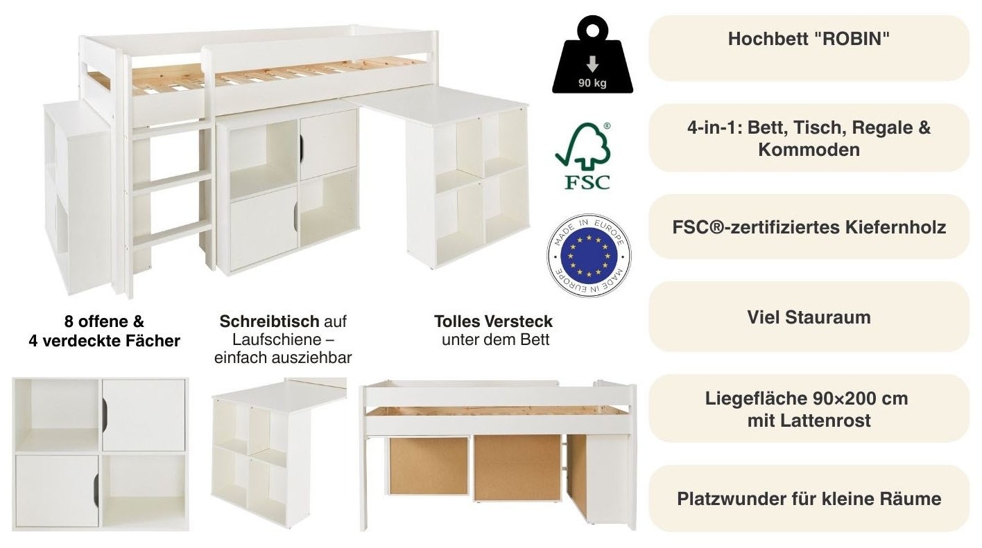GOODproduct Hochbett »"ROBIN "  Massivholz, viel Stauraum, seitenverkehrt montierbar« (4-tlg.), inklusive Schreibtisch und zwei Kommoden
