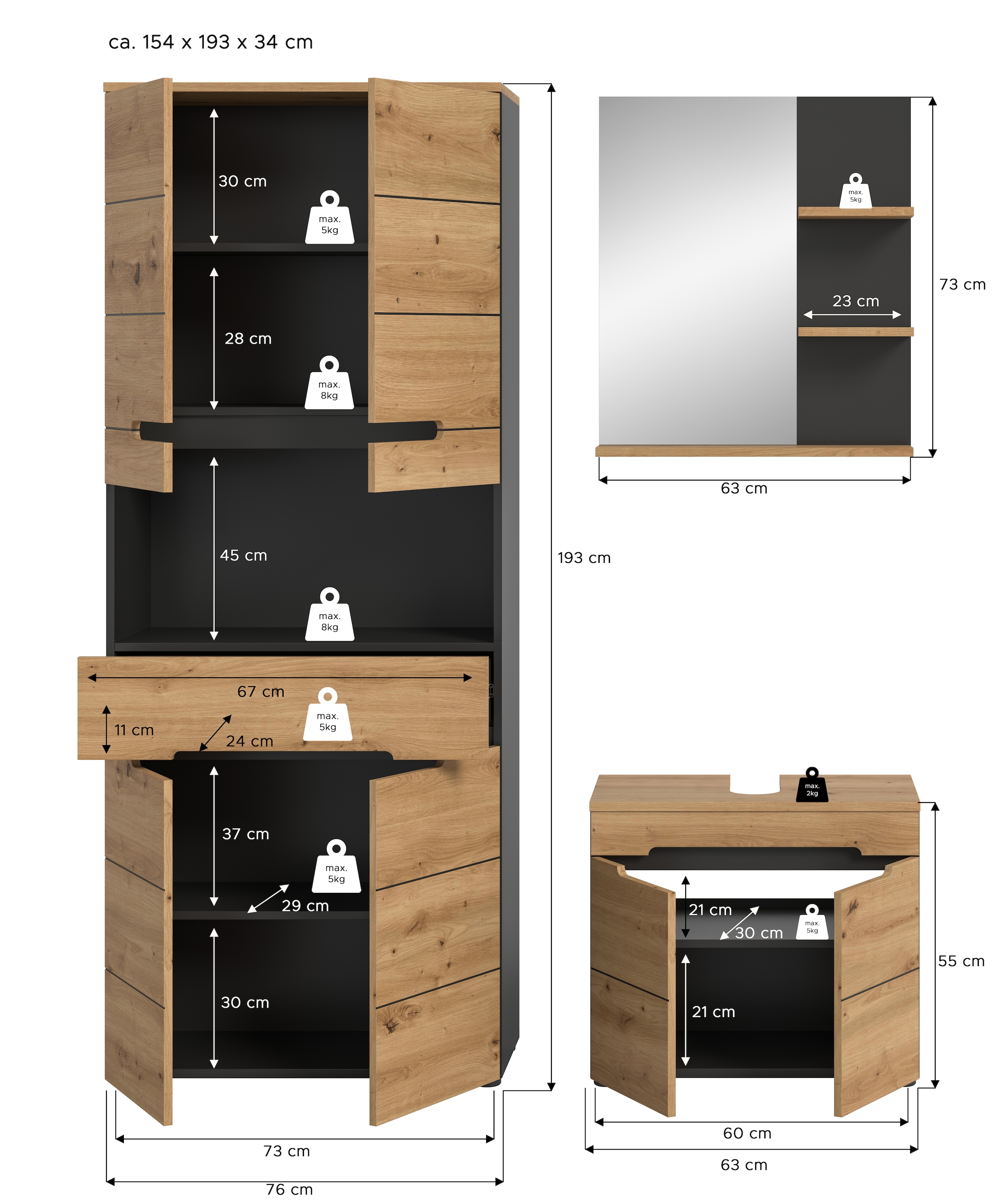 INOSIGN Badmöbel-Set »REHAT, 3-teilig, Breite 154 cm, mit grifflosen Fronten, bestehend aus:« 3 Stk. tlg.