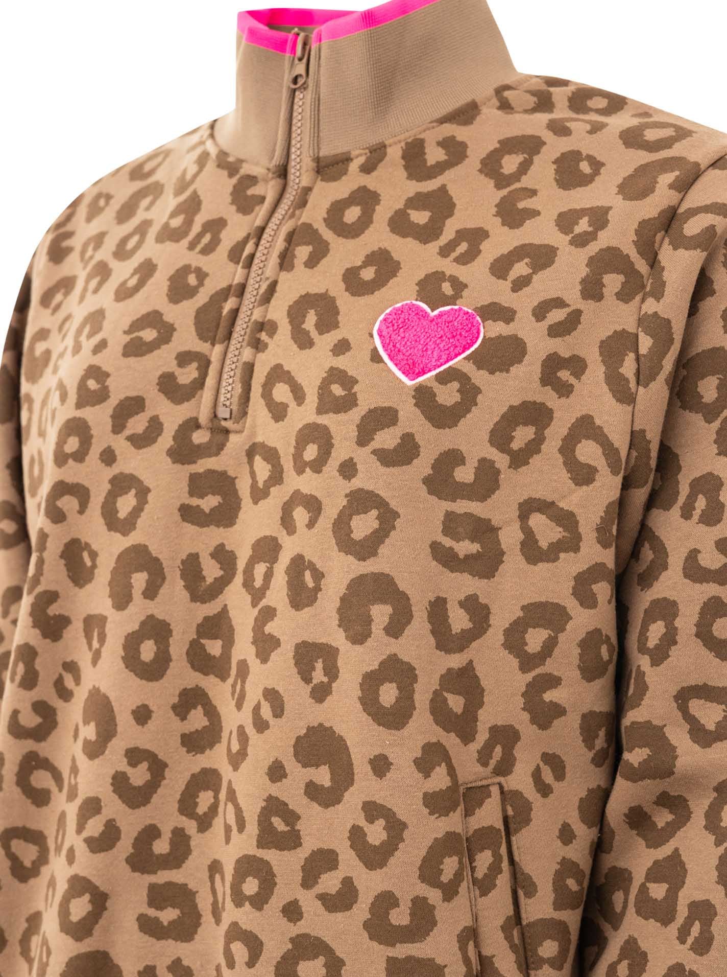 Zwillingsherz Troyer »"Leo Love"« Col montant avec zipper, motif léopard intégral, bords roses & patch cœur