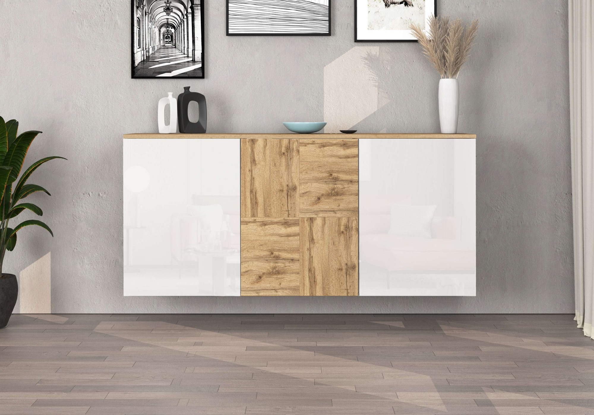 GOODproduct Sideboard »ISEO, Kommode, Schrank, Sideboard, Lowboard, 6 Fächer, Breite 150 cm« 1 Stk. tlg. stehend/hängend, 3 Türen Hochglanz lackiert, Made in Italy