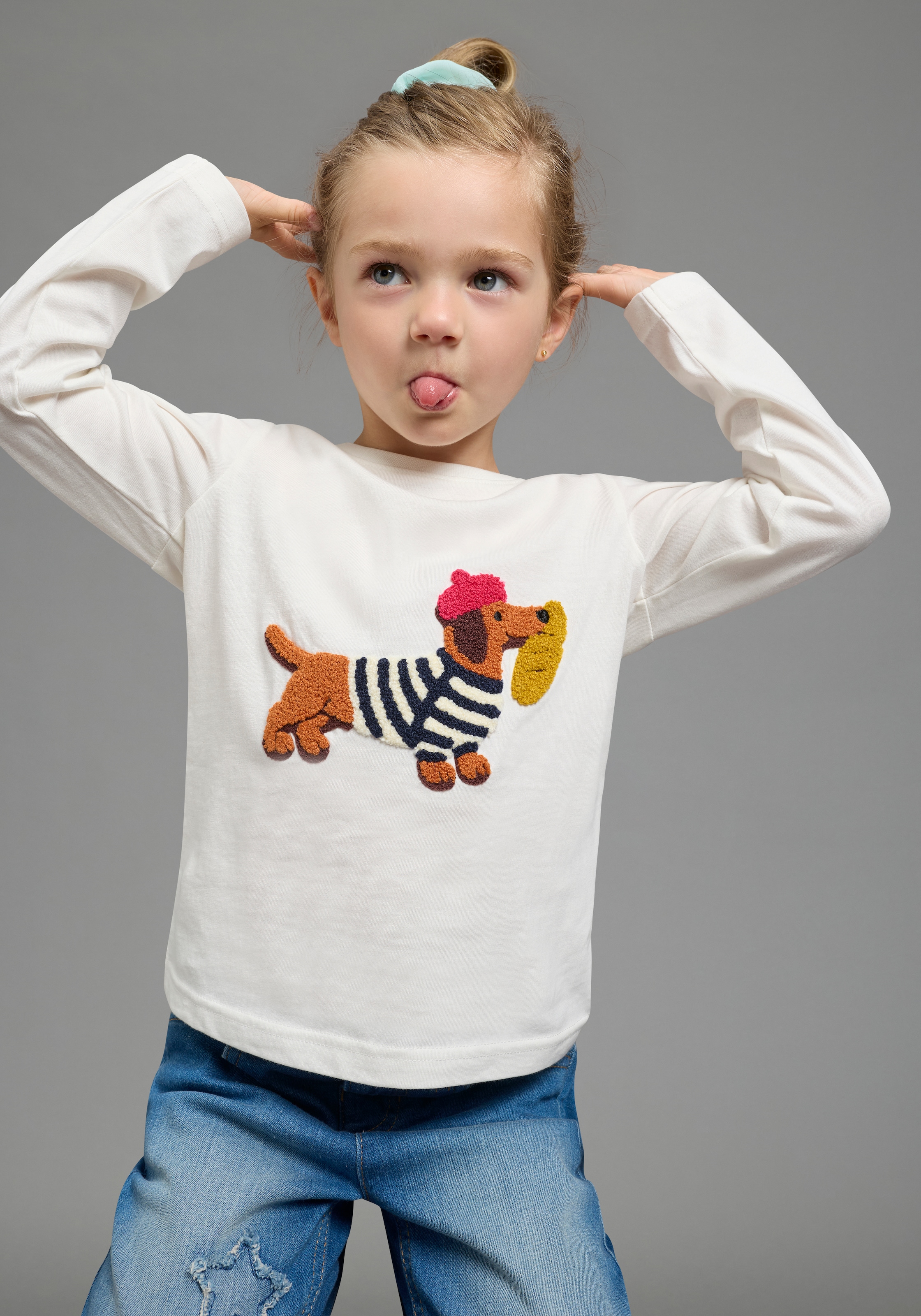KIDSWORLD Langarmshirt »Shirt mit Frottee-Applikation: DACKEL« Shirt für Dackel-Fans, Basic-Stil, mit modischer Frottee-Applikation