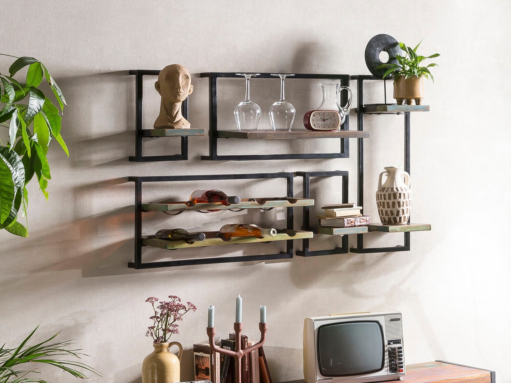 SIT Étagère murale »Lagos 5-teilig aus Altholz mit Weinregal & Metallrahmen« Ensemble,  5-teiliges Wandregal-Set mit integriertem Weinregal im Industrial-Look