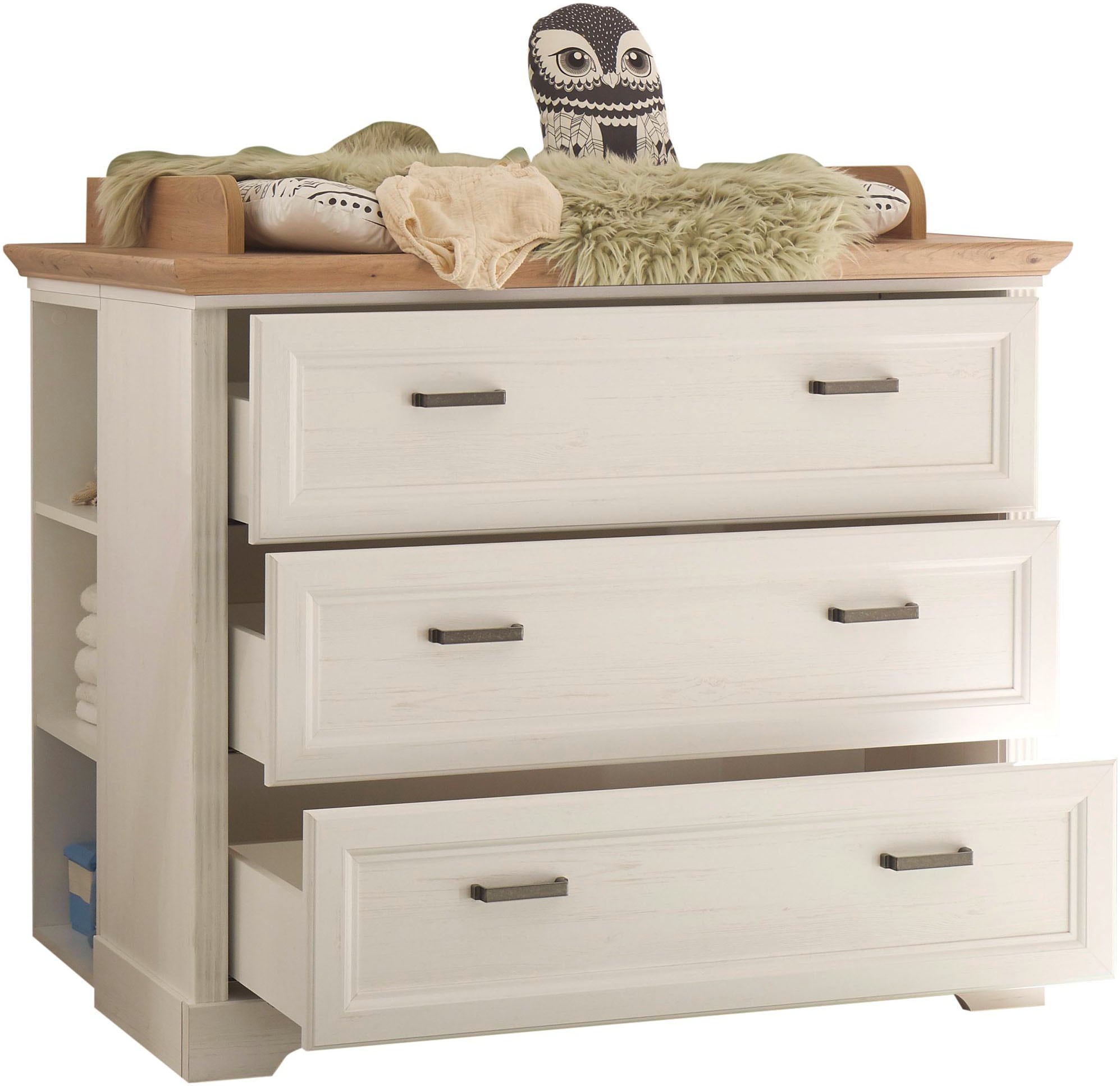 Begabino Commode à langer »Jasmin Kommode mit Wickelaufsatz« bis 15 kilos style campagne, commode avec 3 tiroirs 114 cm