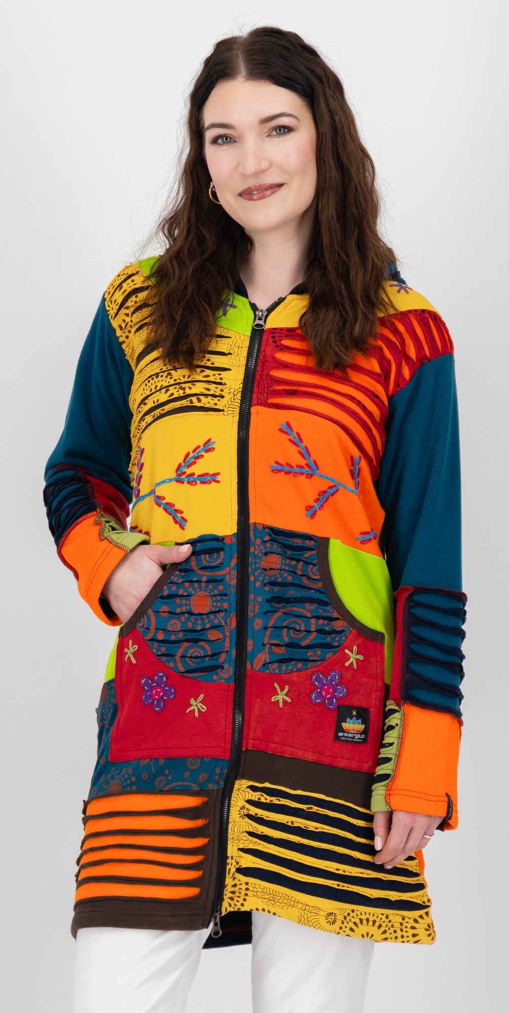DEPROC Active Fleecejacke »Patchwork NUNAVUT LONG WMN« mit Kapuze auch in Grossen Grössen erhältlich
