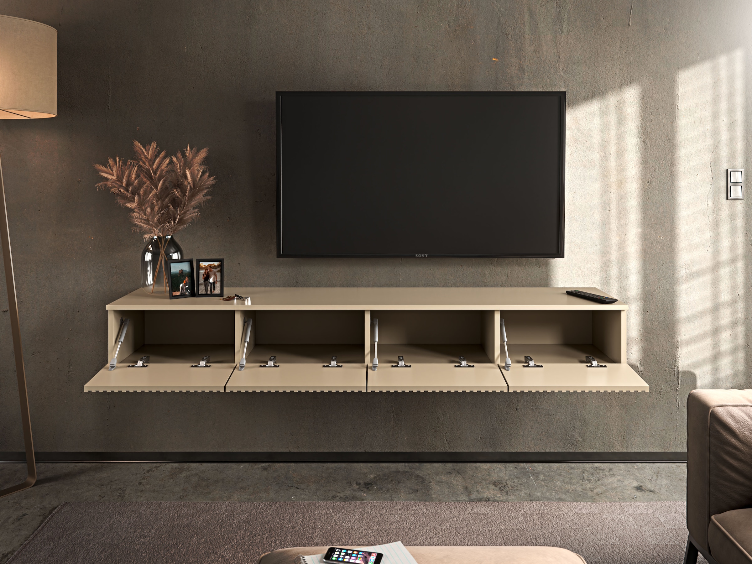 HBZ Table basse »Lowboard Lanai, hängend, mit moderner Rillenoptik« 1 cuis tlg. Largeur 180cm, revêtement mélaminé, ouverture par pression