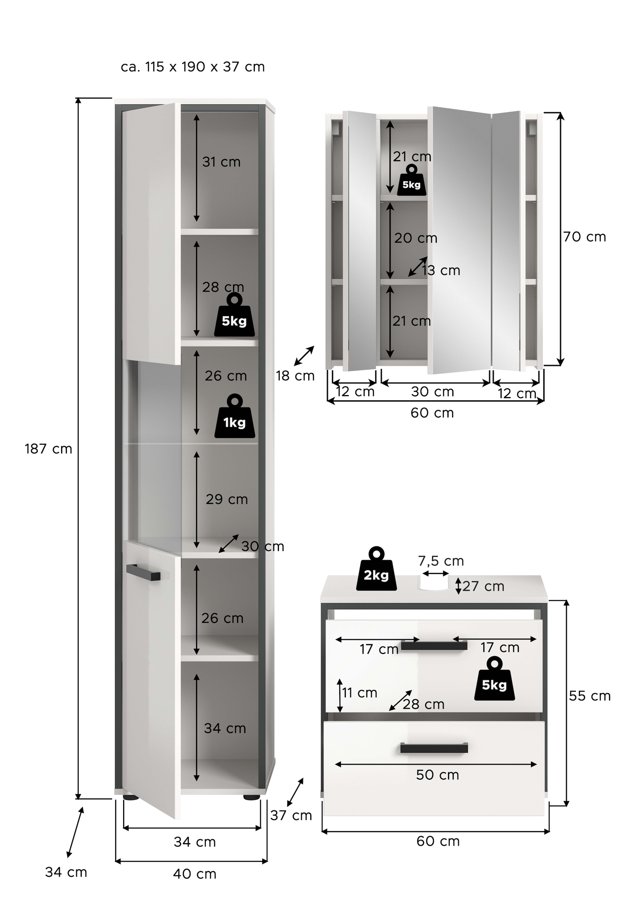 welltime Badmöbel-Set »KAJO, 3-tlg. Badkombination, weiss hochglanz« Set, Set, best. aus:1Hochschrank,1Spiegelschrank,1Waschbeckenunterschrank, 3 Stk. tlg.