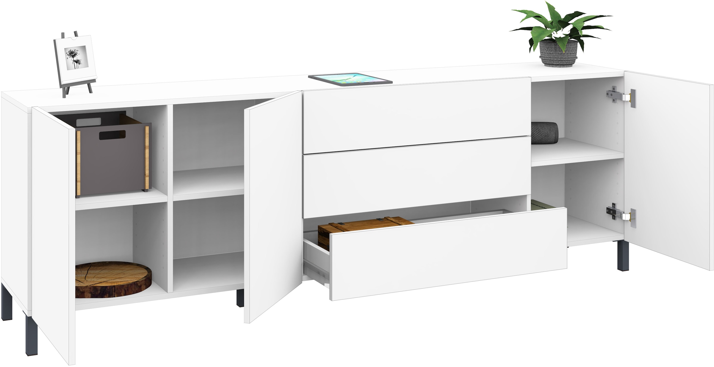 borchardt Möbel Buffet »Sophia, Grifflos mit schwarzen Metallfüssen« 152 oder 190cm, viel Stauraum, grifflos, praktisch, mehrere Grössen