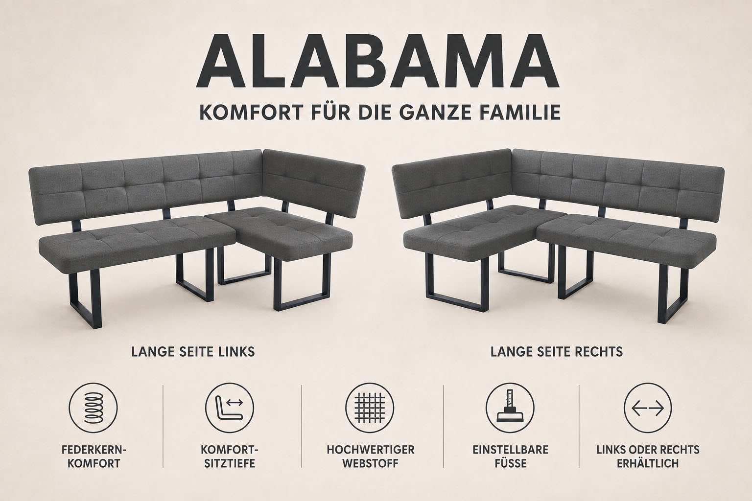 GOODproduct Eckbank »Alabama« 1 Stk. tlg. gemütliche Sitzbank in Webstoff mit Federkern und Komfort-Sitztiefe