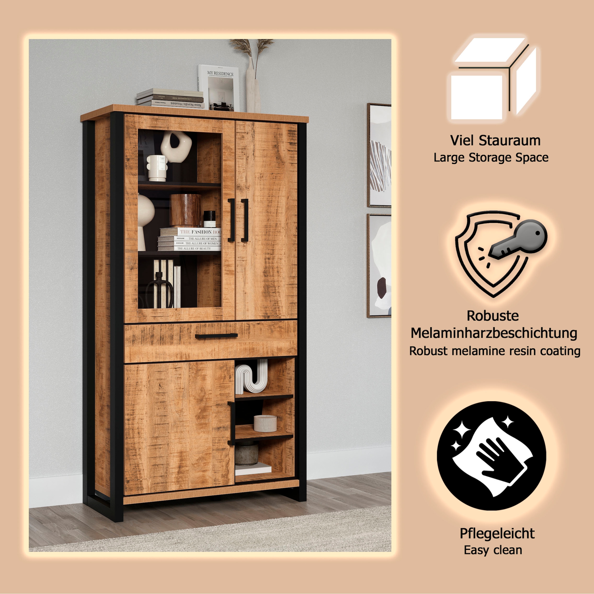 Home affaire Vitrines »Elda« 1 cuis tlg. Vitrine mit 3 Türen & 1 Vollauszug Schublade - (B/T/H) 106/45/195 cm