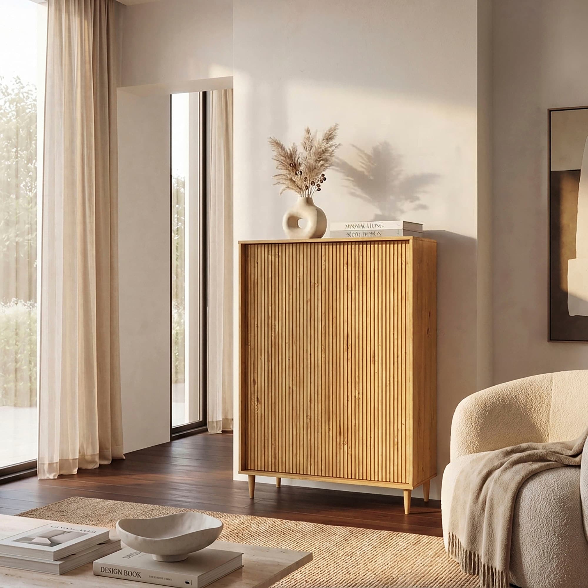 GOODproduct Buffet haut »Malmedy Front mit gefrästen Rillen« commode armoire moyenne en pin massif, push-to-open, L 100 cm