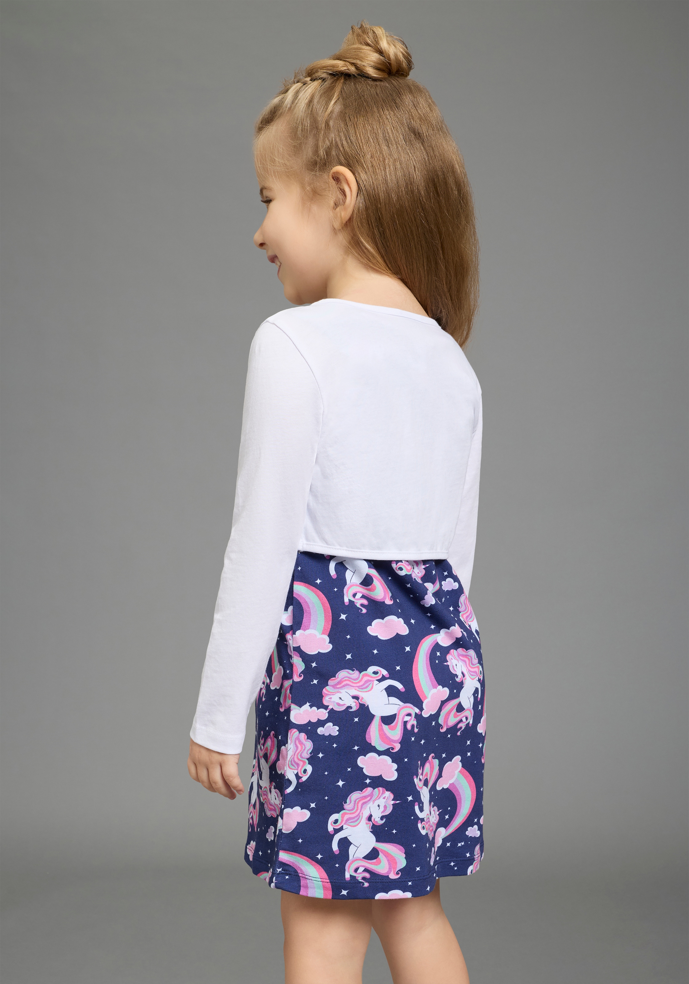 KIDSWORLD Bolero, Kleid & Leggings »2 tlg Set Kleid+Bolero Einhorn« Set, 2, 2 tlg. bedrucktes Design, aus Baumwollmischung, Single Jersey Material