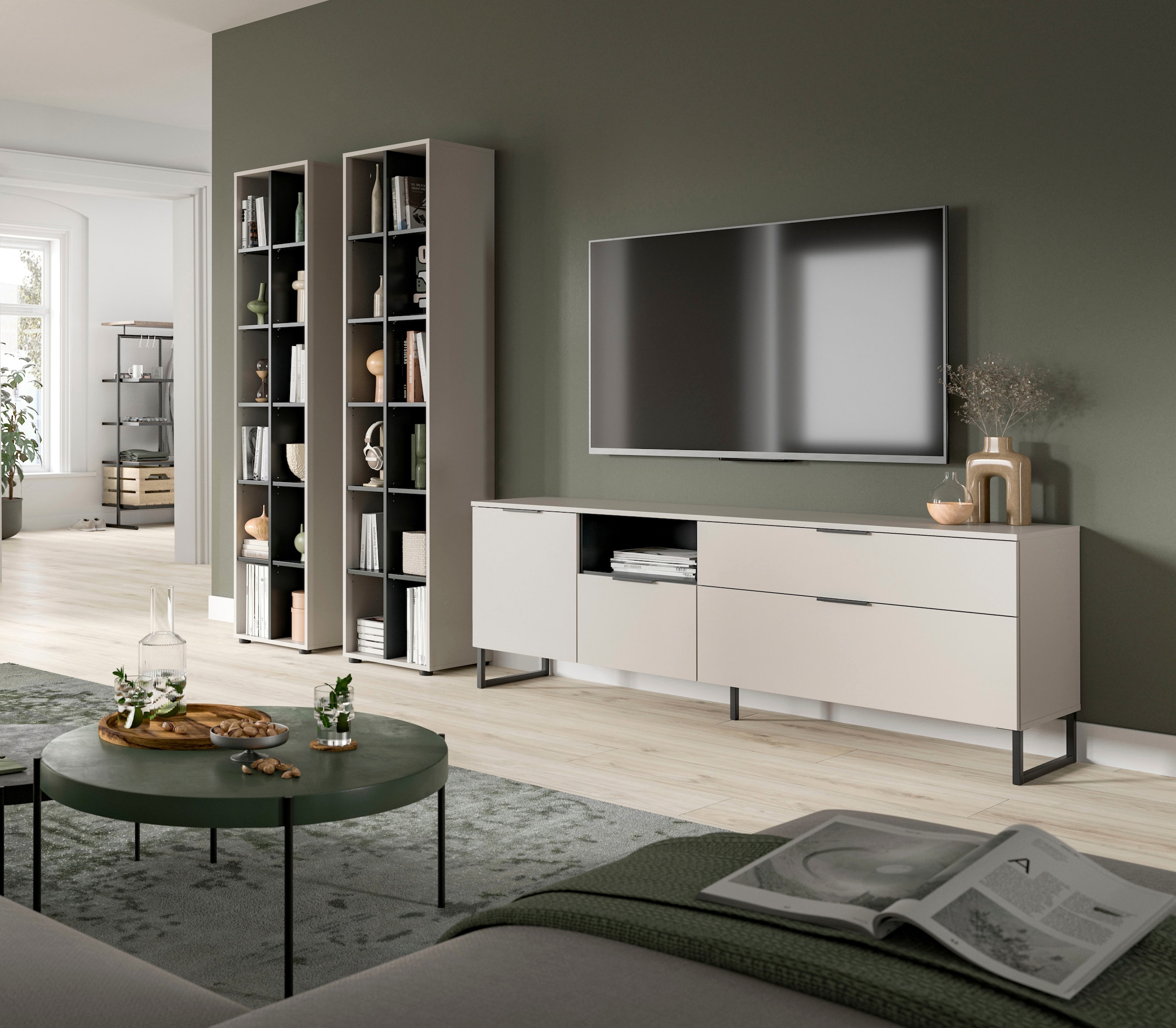 Home affaire Meuble mural »ADIO, Breite 305 cm, 3-teiliges Set, mit Metall-Kufenfüsse« Set, bestehend aus: 2x Standregal und Lowboard, 3 cuis tlg.