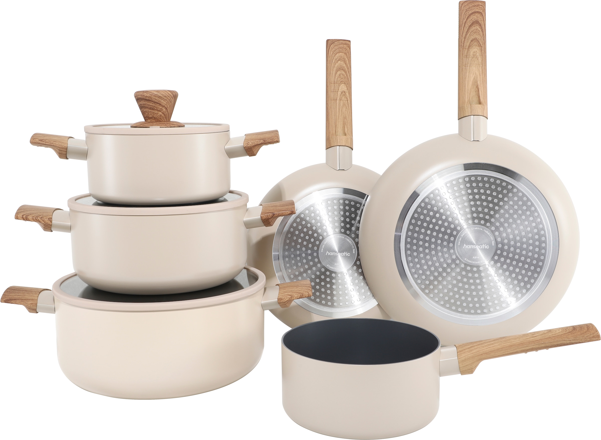 Hanseatic Topf-Set »ALU SCANDI, mit Antihaftbeschichtung« Set, Stielkasserolle 16 cm, Kochtopf 16/20/24 cm, Bratpfanne 24/28 cm, 9 tlg. Aluminium