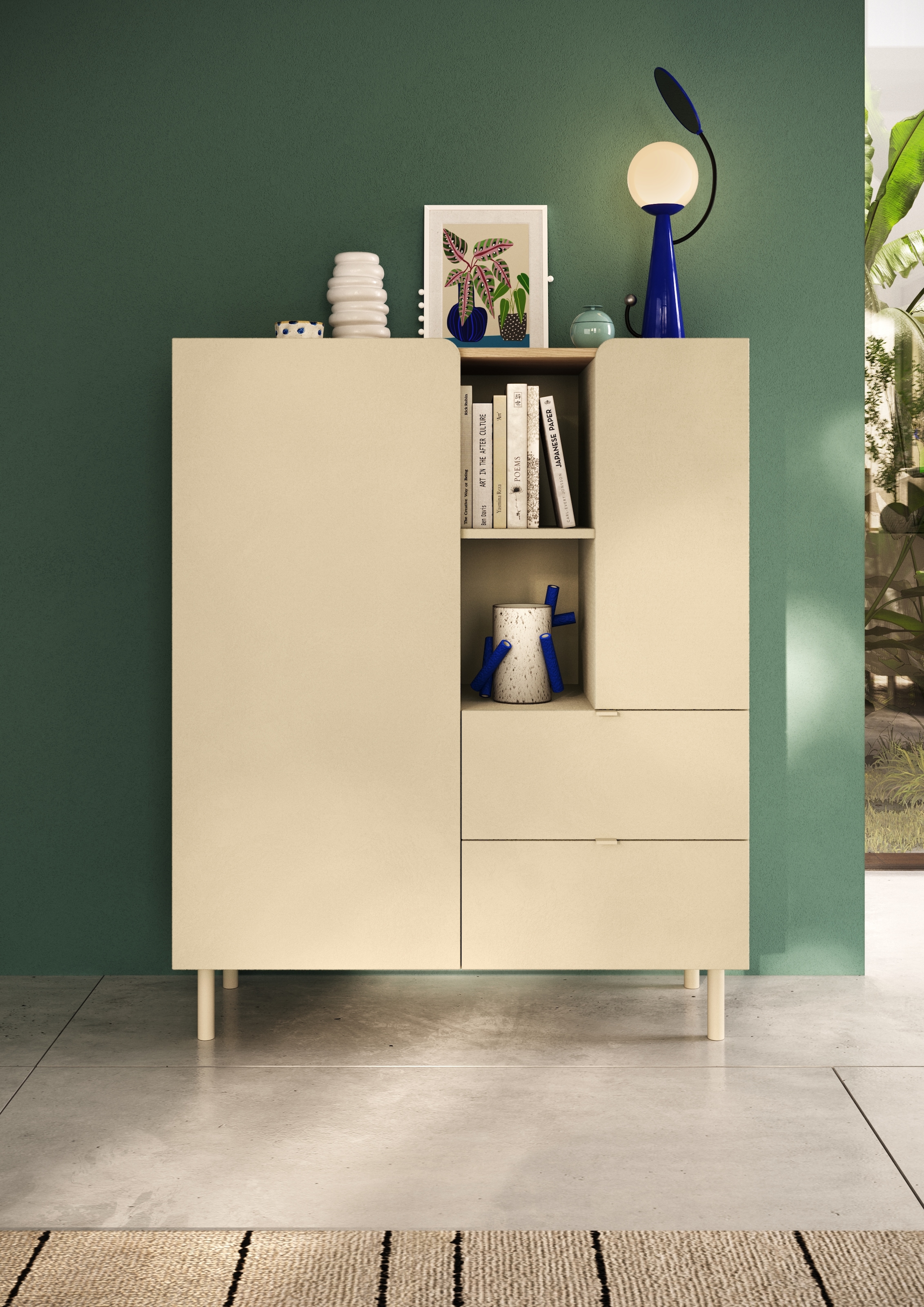 GOODproduct Buffet haut »Dobbiaco, B/H 101/124 cm, 2 Türen, 2 Schubkästen, Stauraumschrank« Top intégré, pieds en métal droits, porte avec arrondi