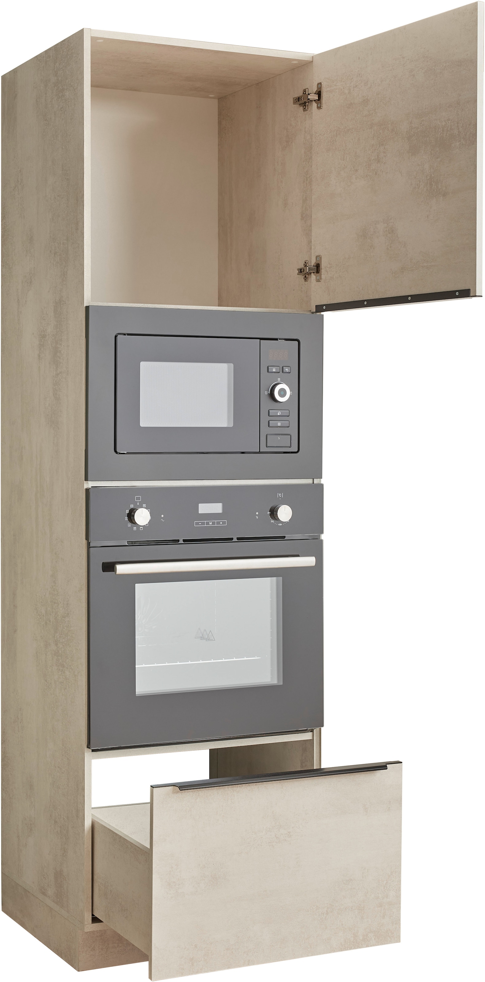 BASIC by Balculina Backofenumbauschrank »Sanibel Küchenschrank, Küchenhochschrank BxHxT 60 x 210 x 58« 1 Stk. tlg. Mit 1 Tür und 1 Auszug, 2 offene Fächer für Backofen und Mikrowelle