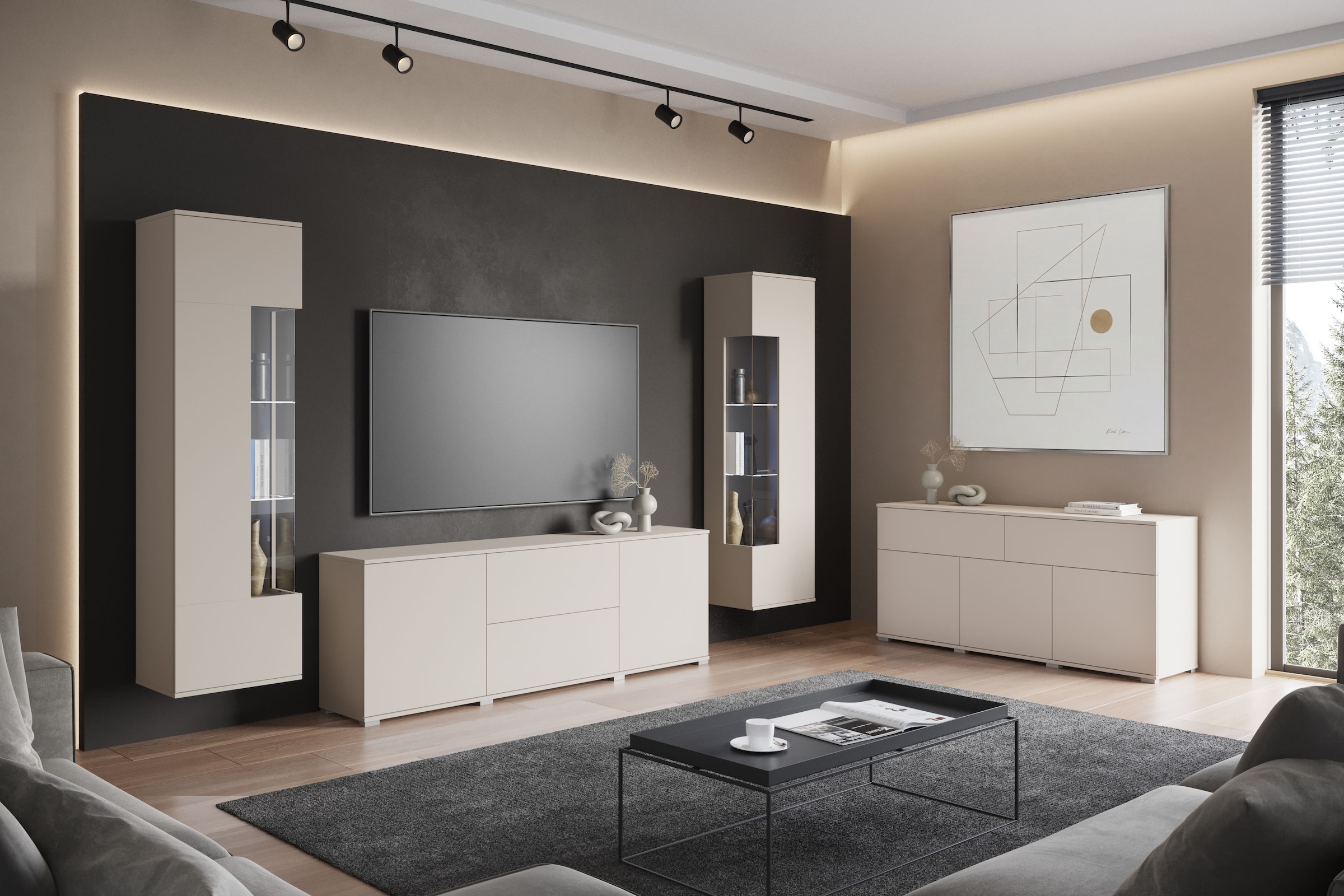 GOODproduct Buffet »Kenia, Kommode mit 3 Türen und 2 Schubladen, 150 cm breit« 1 cuis tlg. Design sans poignées avec push-to-open et étagères réglables