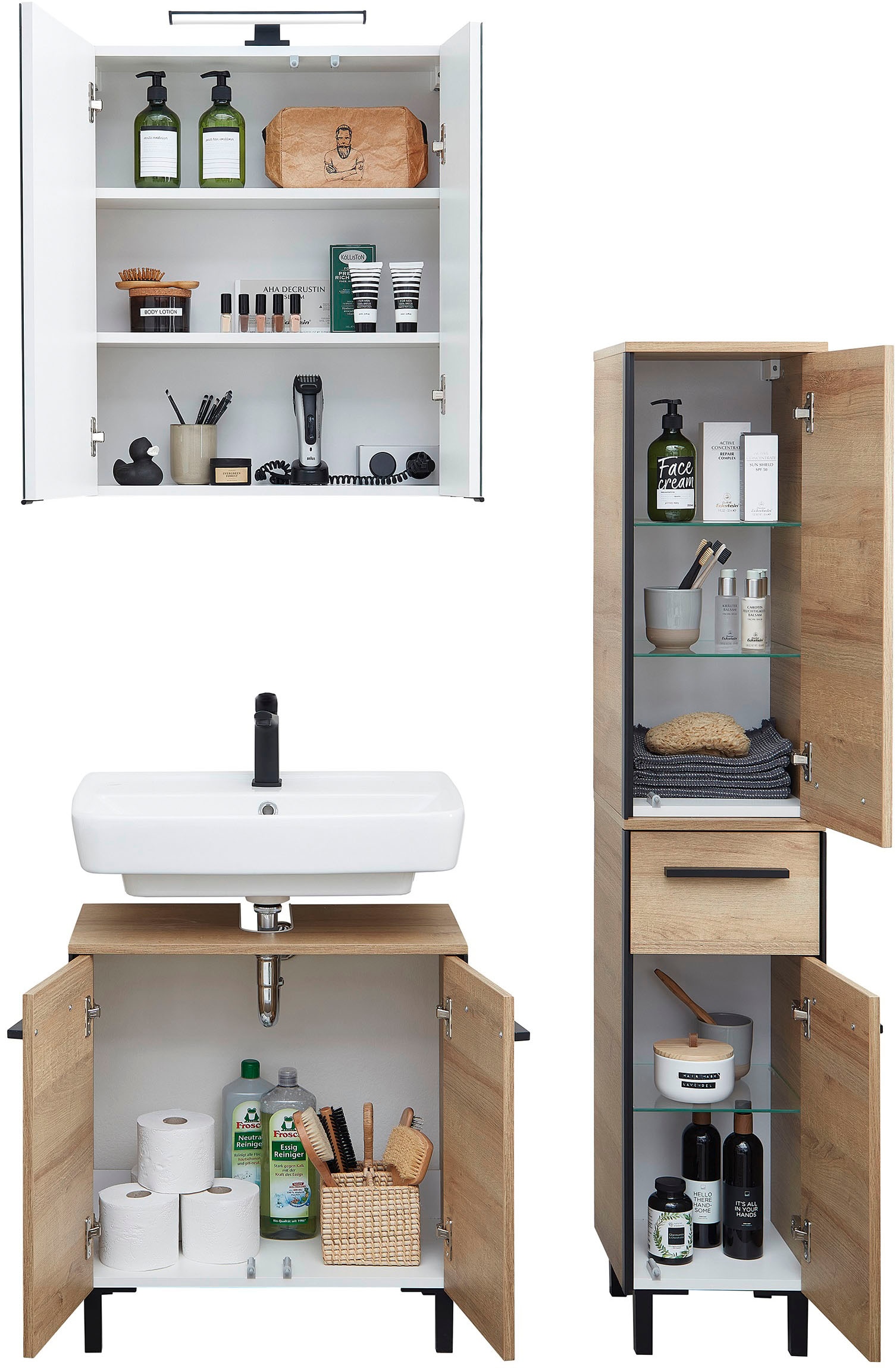 Saphir Ensemble de meubles de salle de bain »Quickset 395 3-teilig, Waschbeckenunterschrank mit LED-Spiegelschrank« 4 cuis tlg.