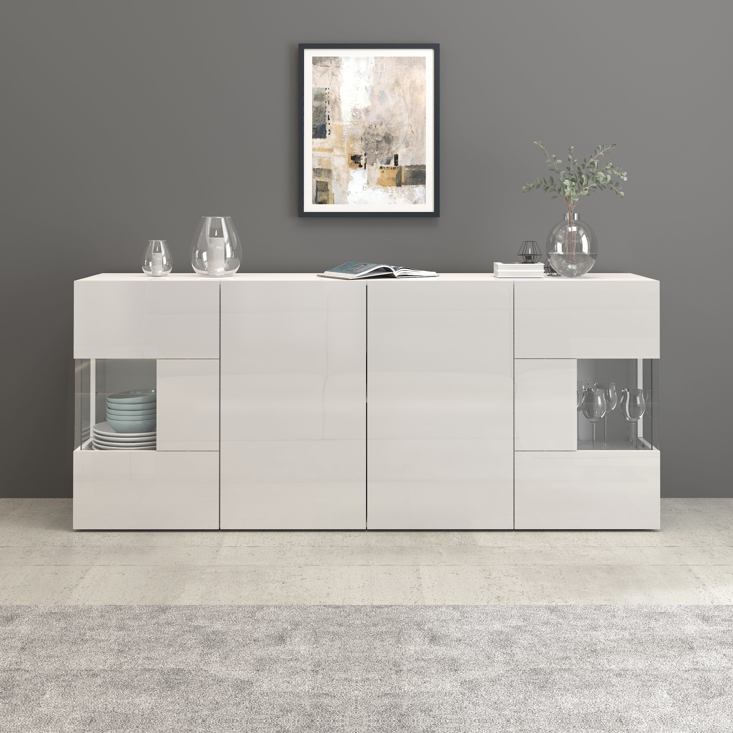 GOODproduct Sideboard »Egypt, Kommode, Schrank, Kredenz, Vitrine grifflos« 4 Türen davon 2 mit Glaseinsatz, kompl. Hochglanz lackiert, Breite 180