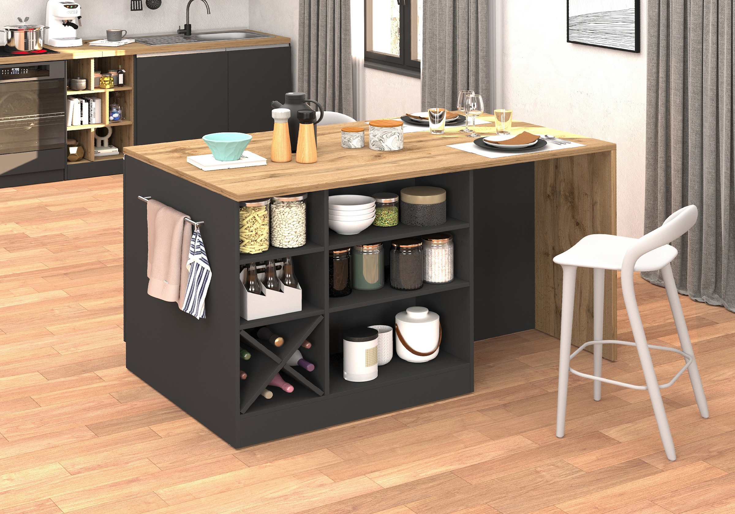 KOCHSTATION Ilot de cuisine »KS-Sole, Kochinsel, Küchenarbeitsblock, Inselküche, Arbeitsinsel« Breite 152,5 cm, mit Essplatz, Handtuchhalter, Fächer und Weinregal