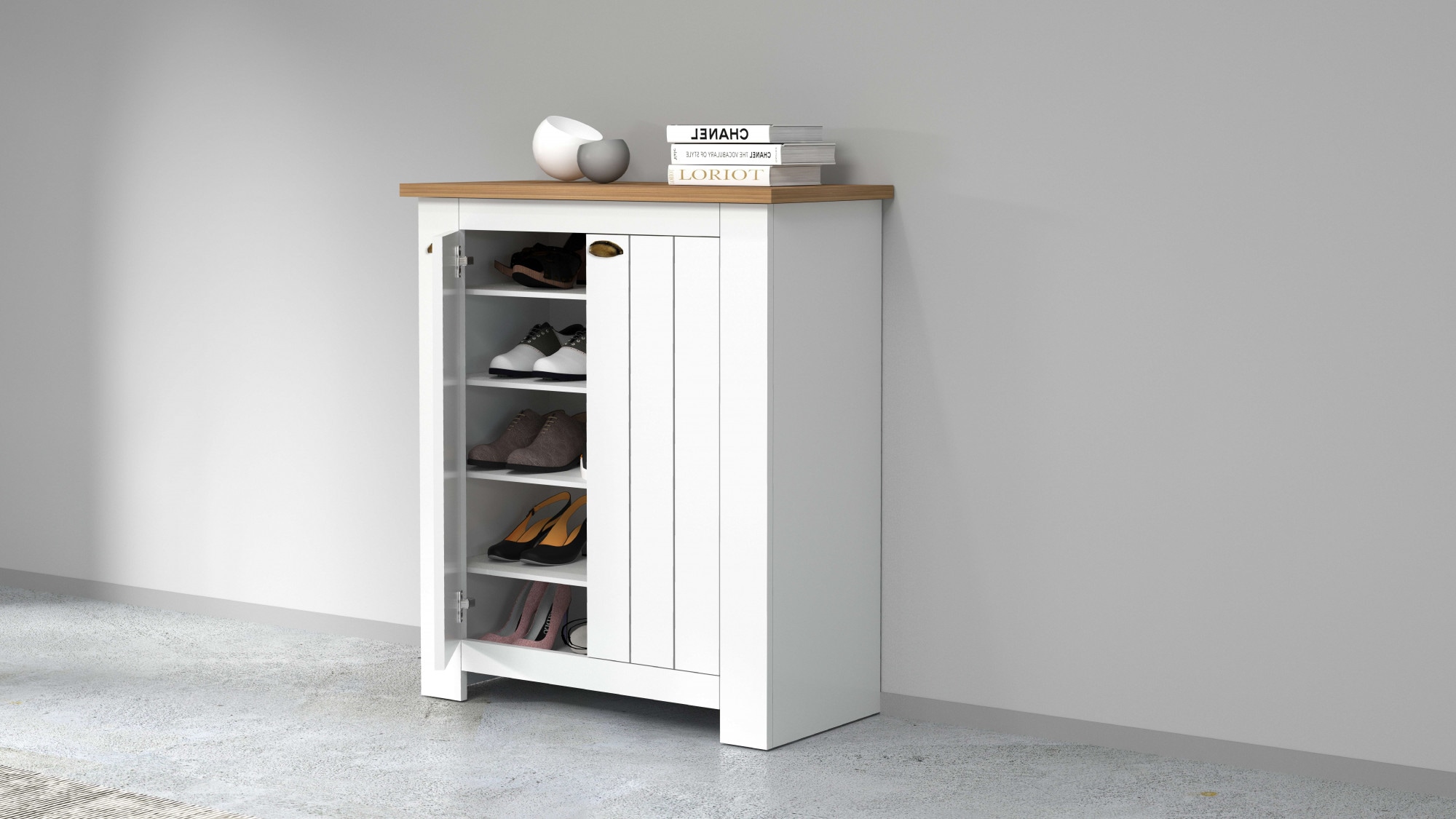 Home affaire Schuhschrank »FIGO, Made in Italy – Schuhkommode,Schuhregal für ca. 20 Paar Schuhe« 1 Stk. tlg. 4-Türig, Siebdruck-dekorative Fräsungen, 10 Fächer, Breite 84 cm