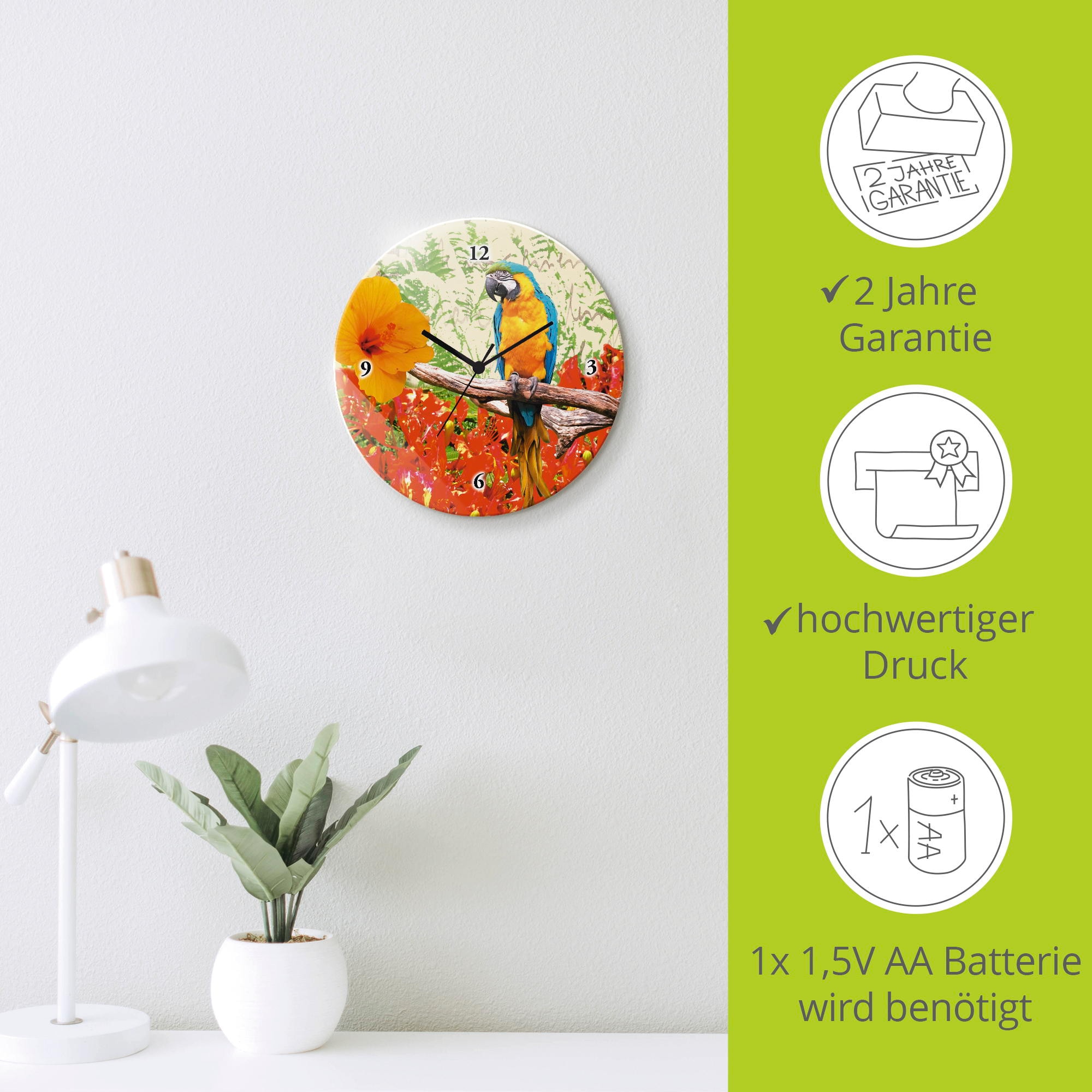 Artland Horloge murale »Papagei« wahlweise mit Quarz- oder Funkuhrwerk, lautlos ohne Tickgeräusche