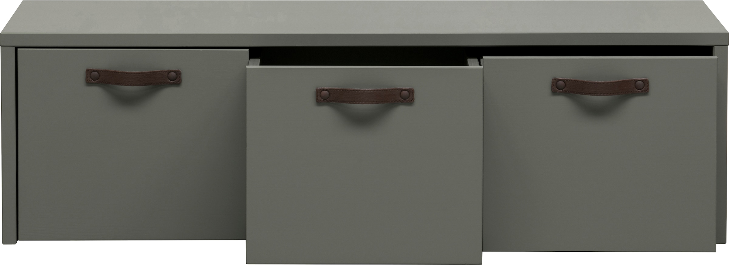 WOOOD Banc coffre »Stage FSC®-Kiefernholz massiv mit Ledergriff H 36 x B 120 x T 50 cm« Assise et espace de rangement combinés, Facile à monter, Facile à entretenir