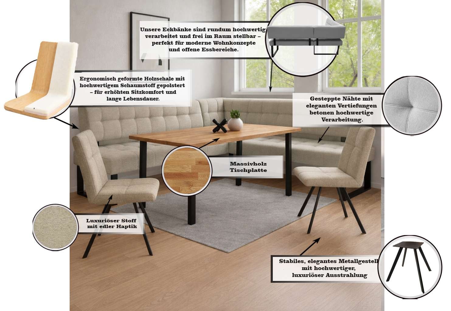 Home affaire Ensemble de bancs d'angle »Mia Essecke, Sitzgruppe, Eckbankgruppe, Küchenbankgruppe« Ensemble, 4er, 4 tlg. Eckbank mit Wellenfederung; Tisch in Eiche massiv