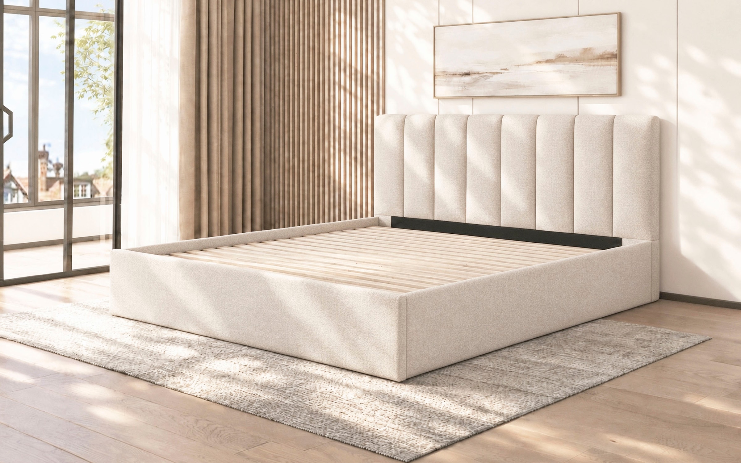 GOODproduct Lit rembourré »FEELLA, Bett wahlweise mit Lattenrost, Strukturstoff-Bezug« tête de lit et cadre rembourrés, surface couchage 140x200/180x200 cm