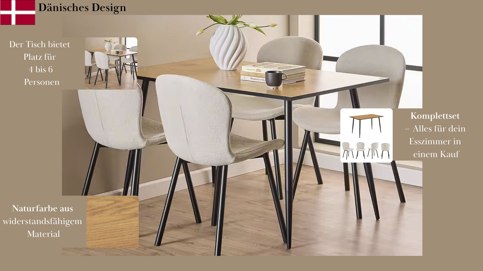 ACTONA GROUP Esszimmer-Set »Esspruppe, Speisetisch mit Wohnzimmerstühlen« Komplett-Set, 1x Tisch + 4x Stuhle, 5 Stk. tlg.