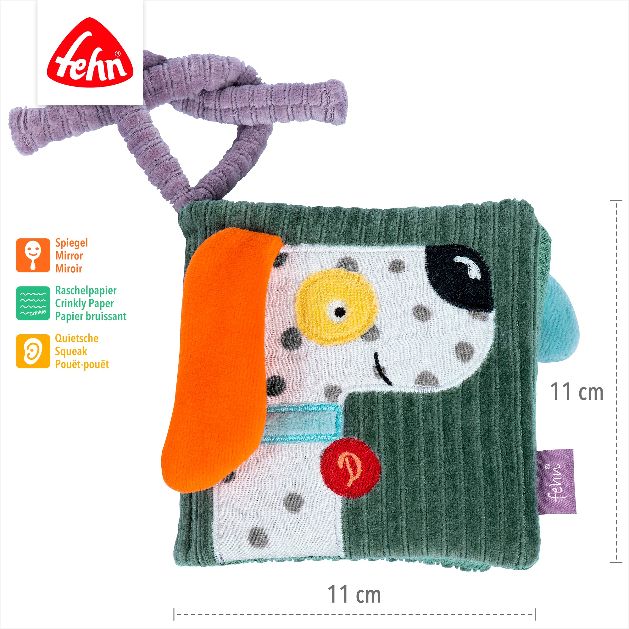 Fehn Jouet de préhension »Stoffbuch Hund Dotty« contient du coton bio