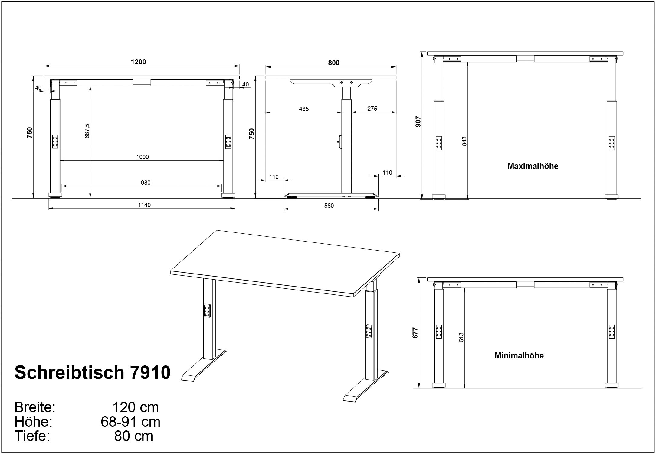 GERMANIA Bureau »Downey« hauteur réglable de 68 à 91 cm, disponible en différentes largeurs